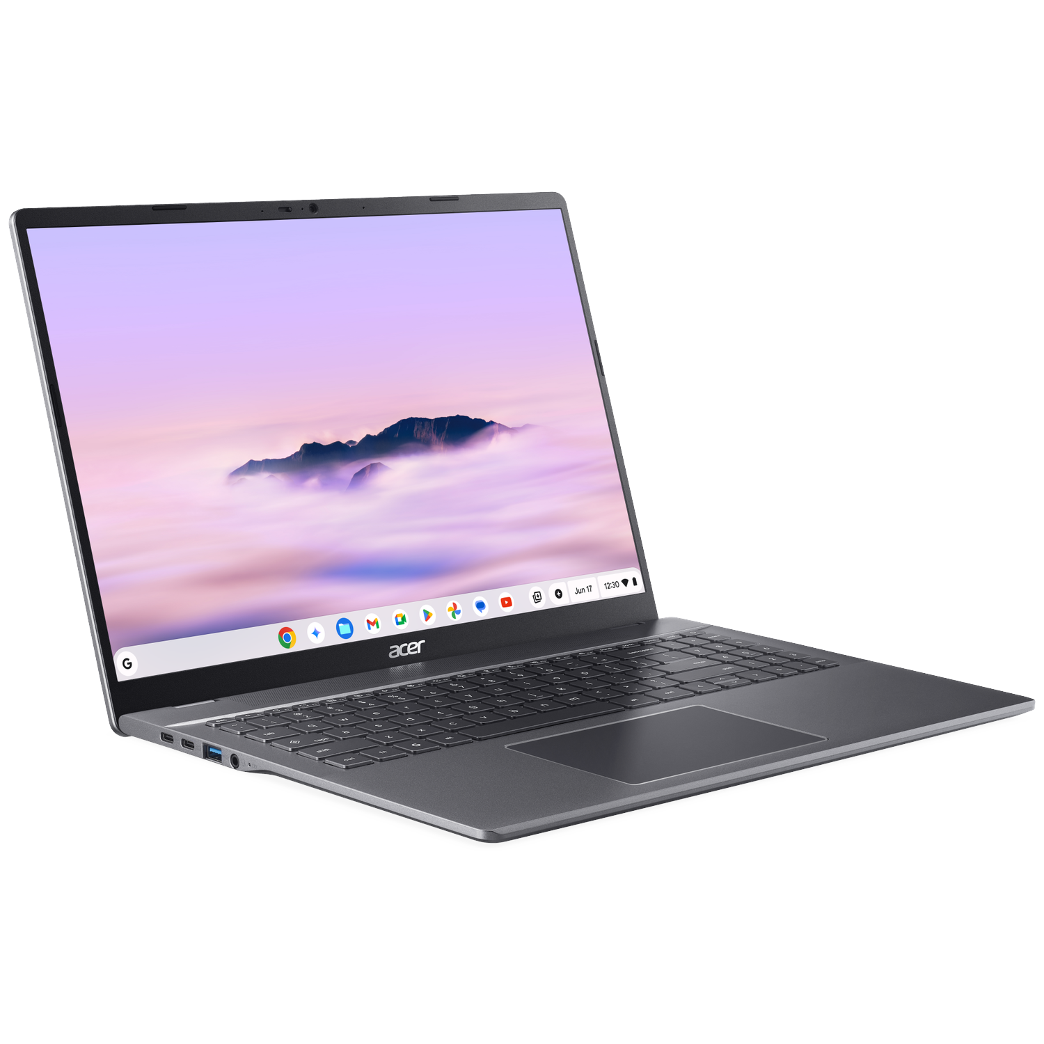 Acer Chromebook laptop on a white background. The screen displays a mountain scene. The keyboard and trackpad are visible.