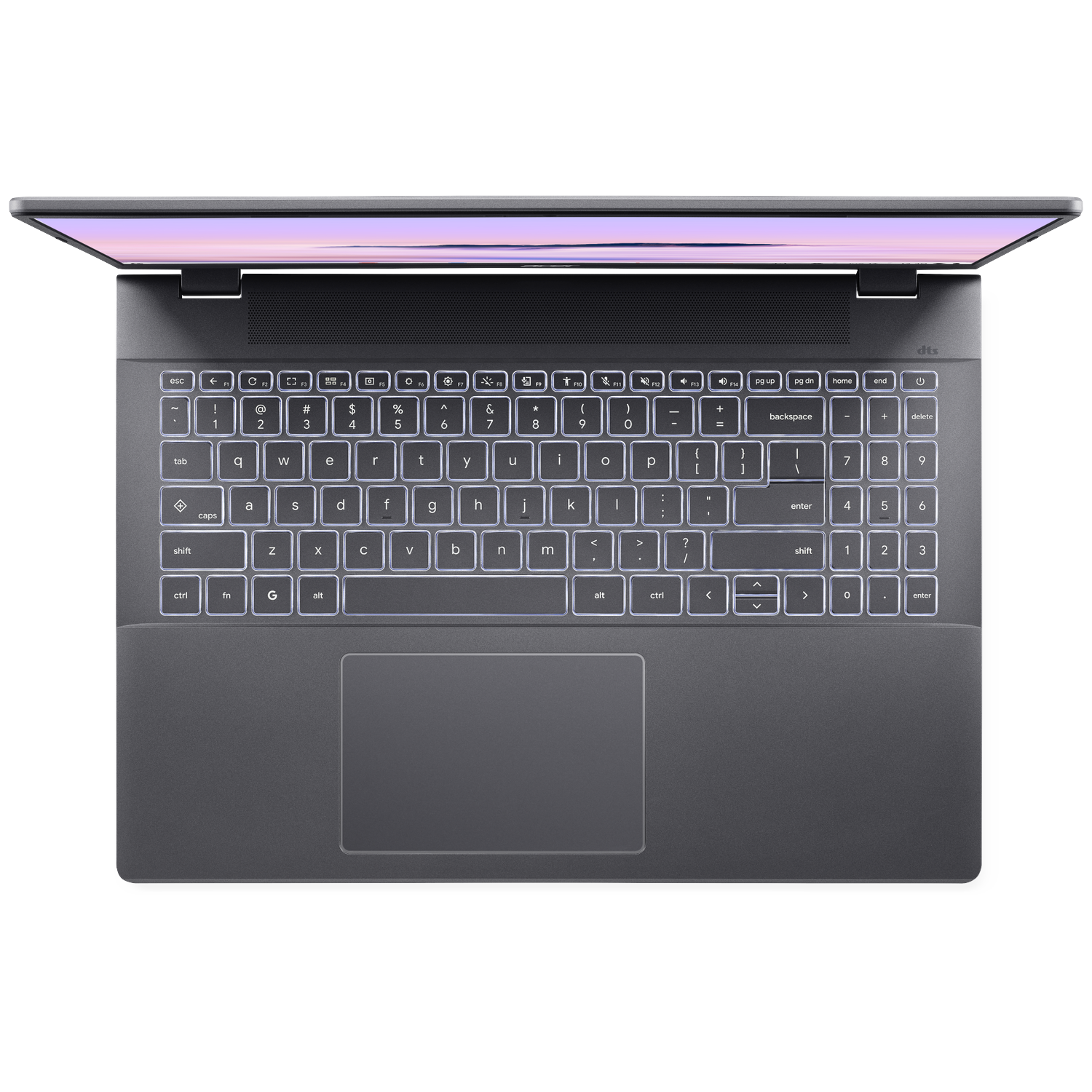 Top view of a gray laptop with illuminated keyboard keys, open to reveal the screen and touchpad.
