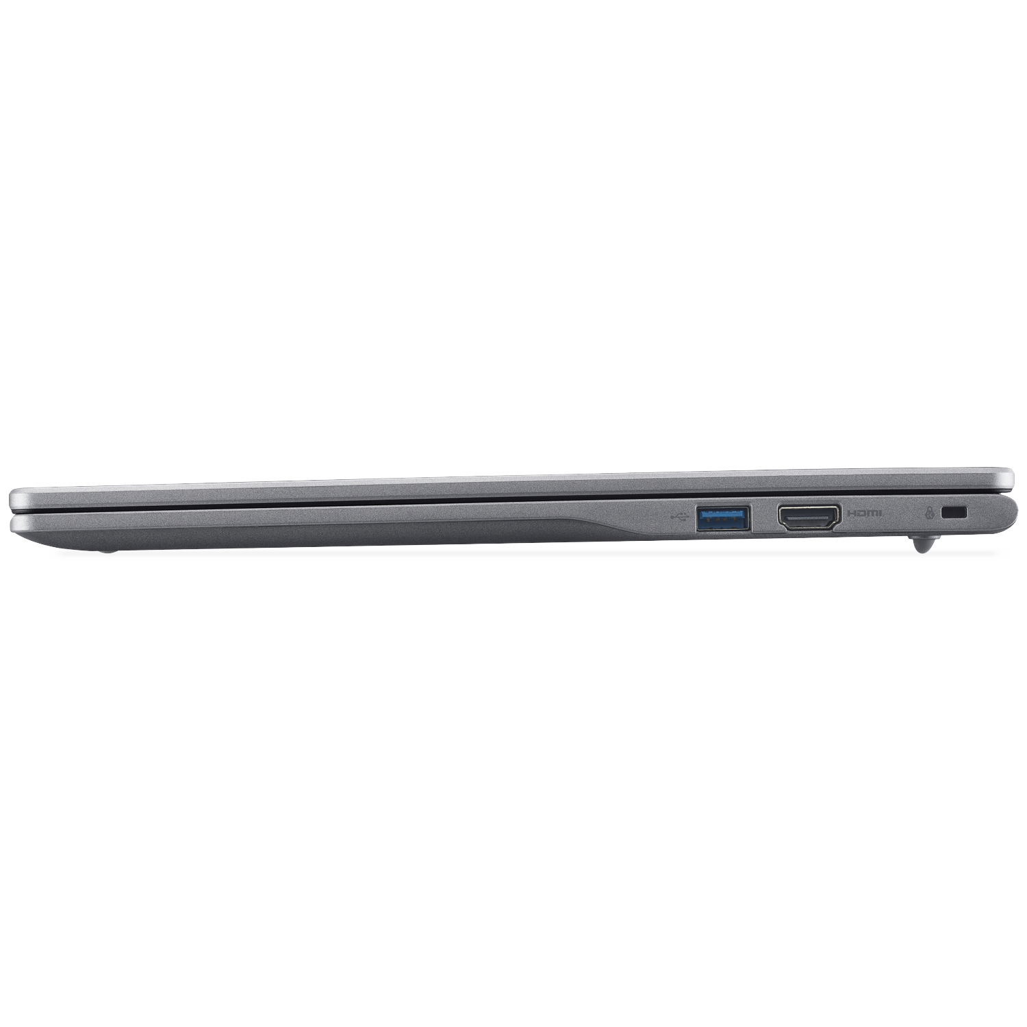 Side view of a gray laptop showing ports: USB, HDMI, and a charging port. The laptop is on a white background.