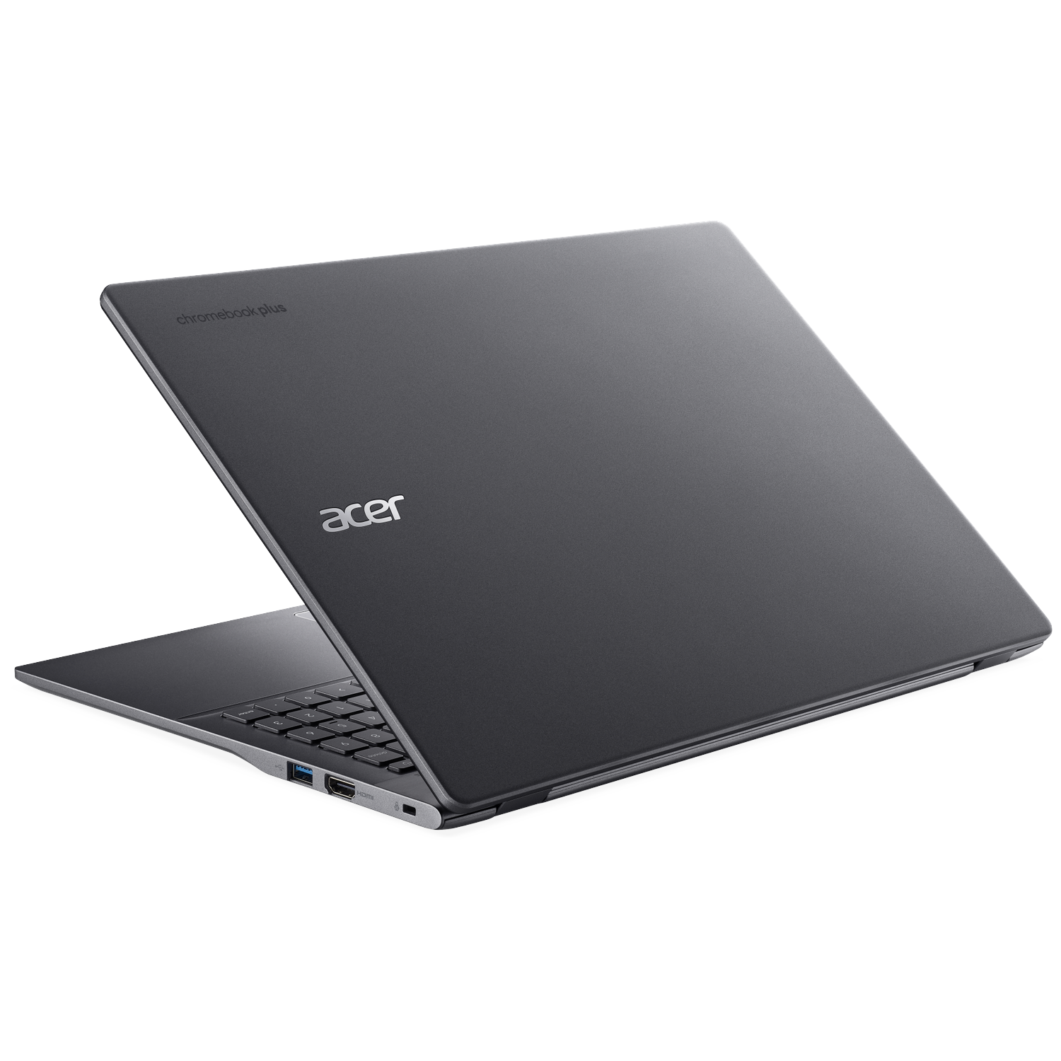 A gray Acer Chromebook Plus laptop is open at an angle. The keyboard is visible, and the screen is slightly open.