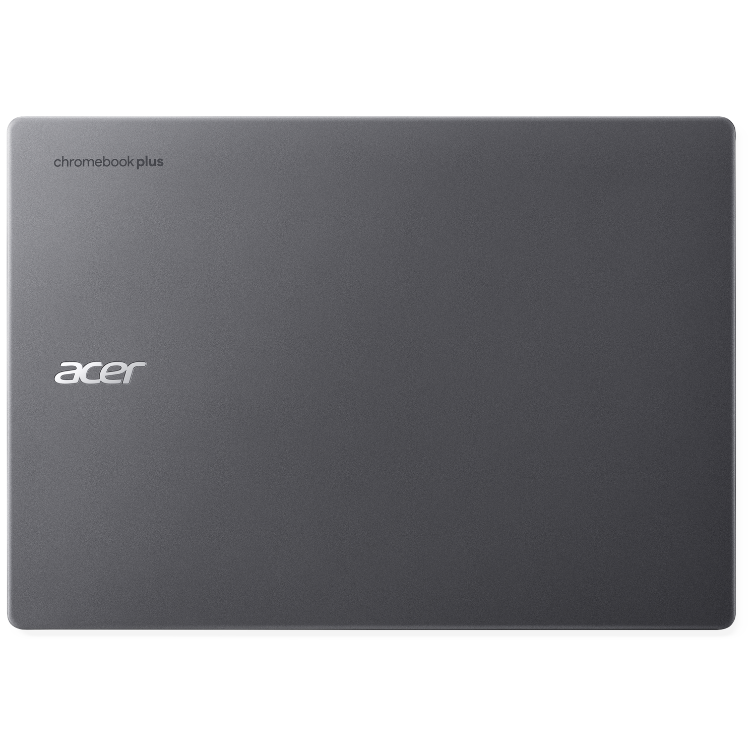 A gray Acer Chromebook Plus laptop. The Acer logo is visible, along with the words 'chromebook plus'.