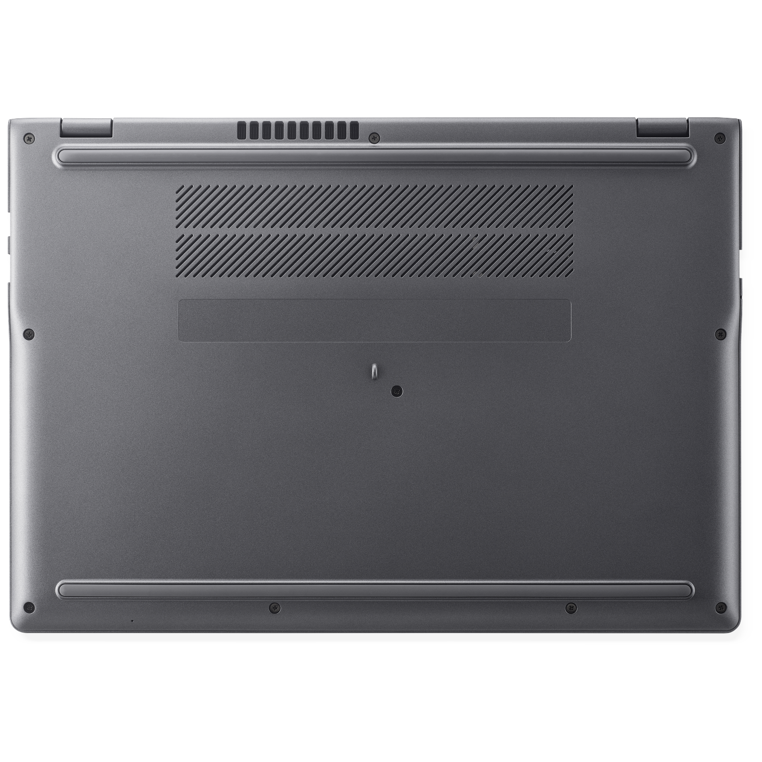 The underside of a gray laptop is shown. It has vents, screws, and a rectangular indentation. The laptop is on a white surface.