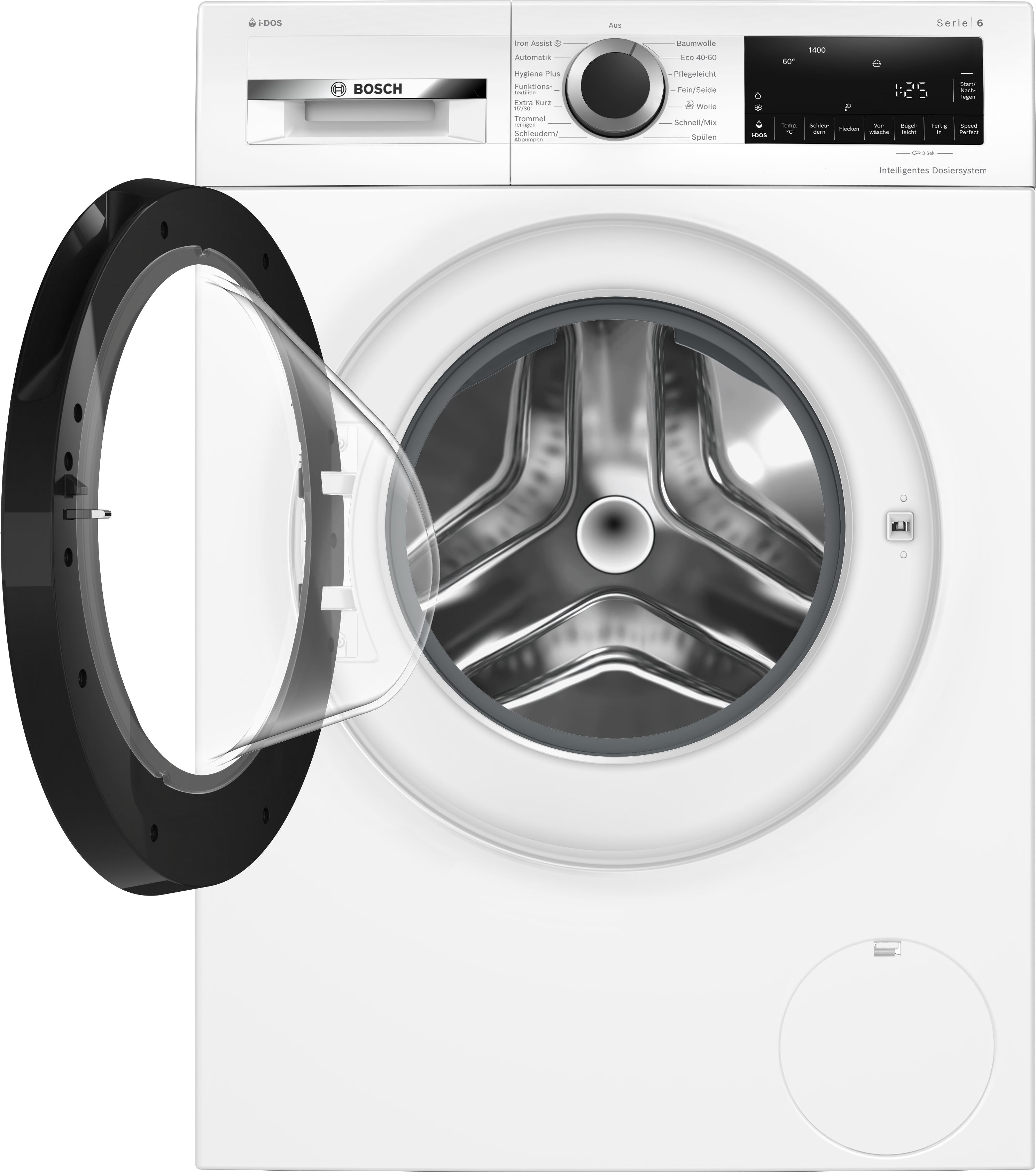 Eine weiße Bosch-Waschmaschine mit offener Tür. Bedienelemente und ein digitales Display sind sichtbar.