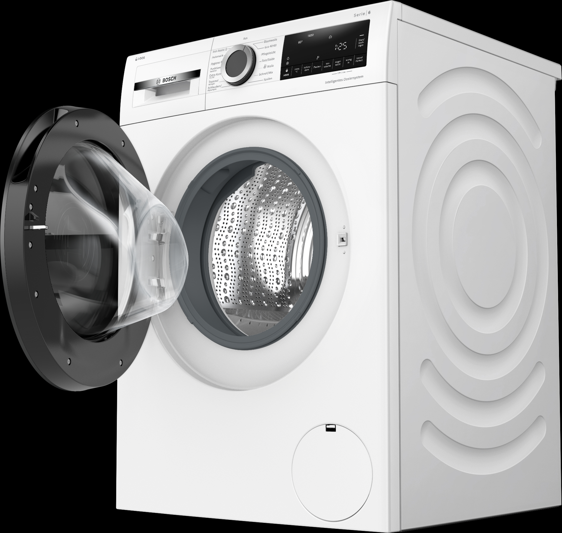 Eine weiße Bosch-Waschmaschine mit geöffneter Tür. Das Innere der Maschine ist sichtbar.
