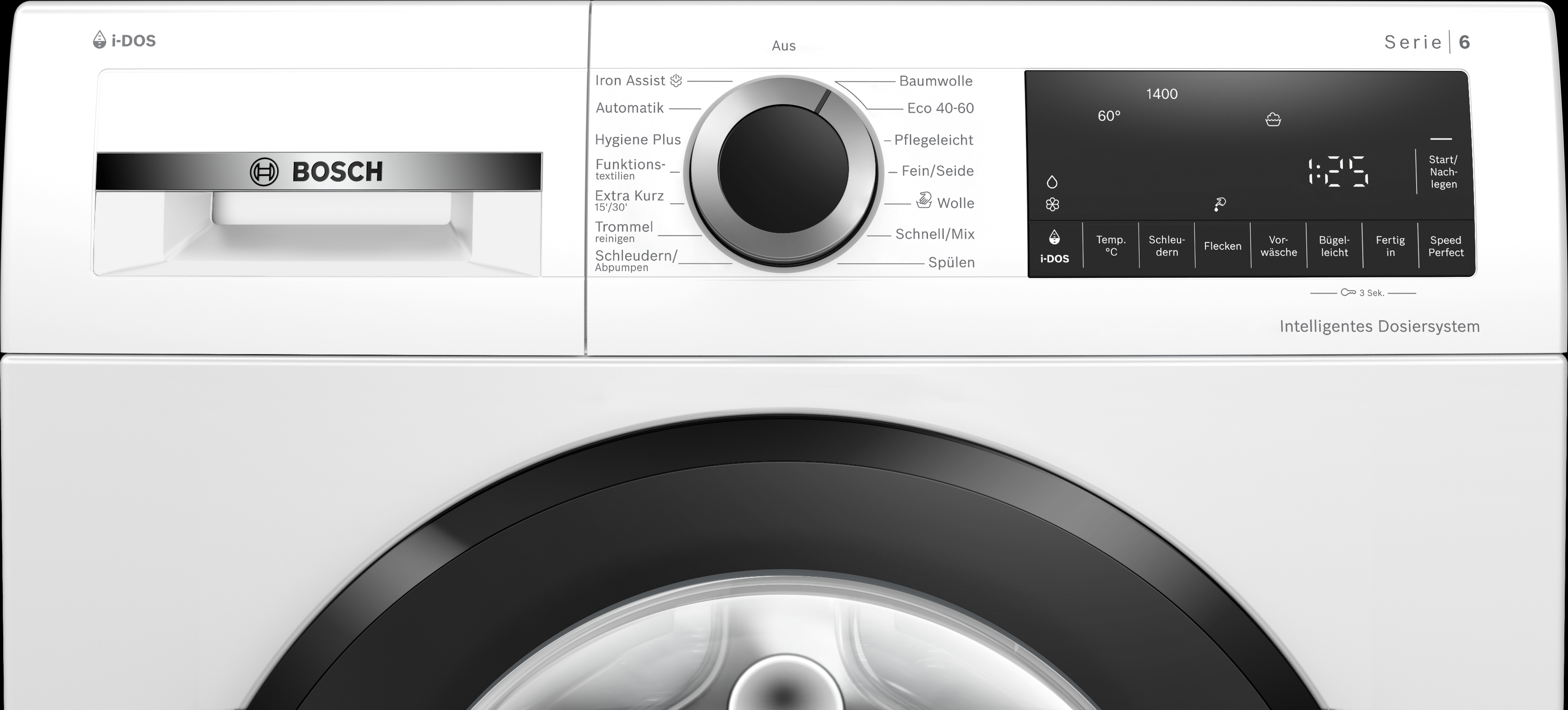 Eine Bosch-Waschmaschine mit Bedienfeld, das Waschzyklen und eine Digitalanzeige zeigt.