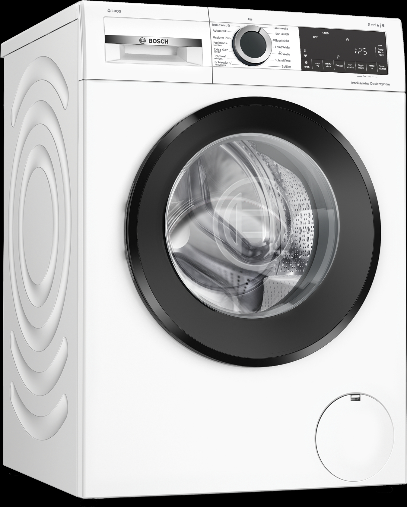 Eine weiße Bosch Waschmaschine, Serie 6, mit schwarzer Tür und Bedienfeld. Zeigt Programmauswahl und Digitalanzeige.