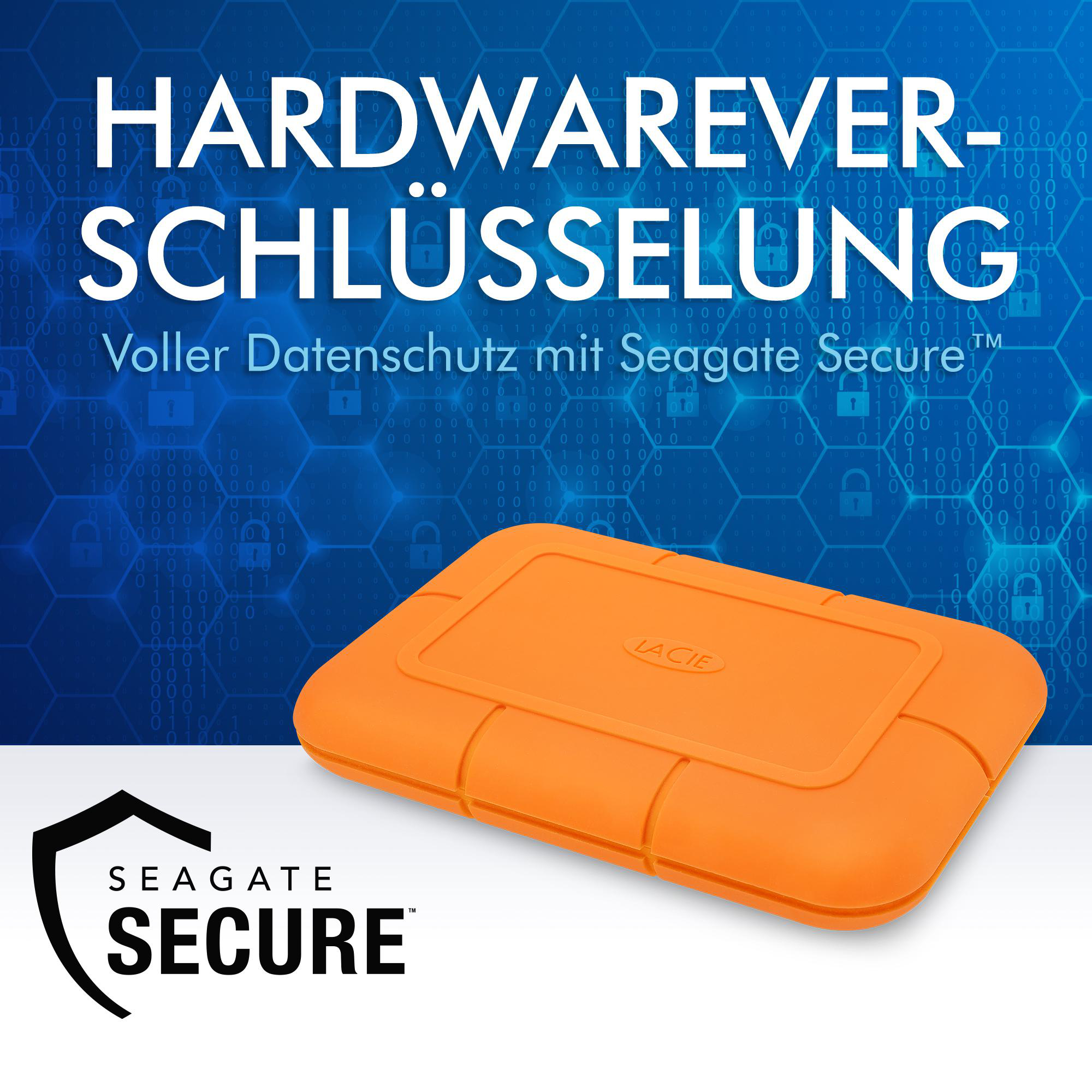 Eine orangefarbene externe Festplatte von LaCie auf blauem Hintergrund mit weißem Text.