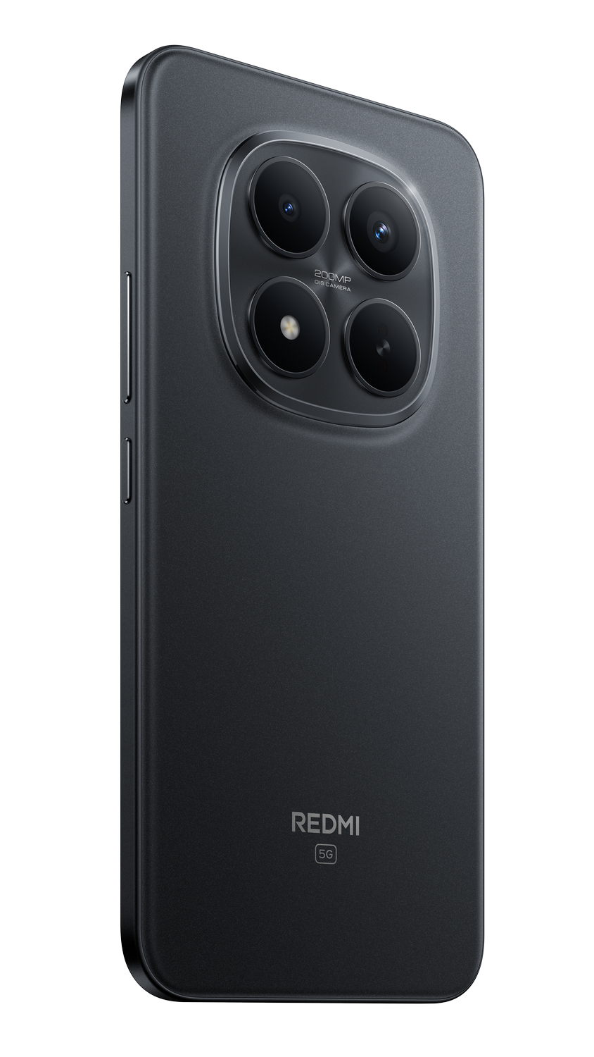 Parte trasera de smartphone negro con cuatro lentes de cámara. Logo Redmi y 5G. El lateral tiene botones de volumen.