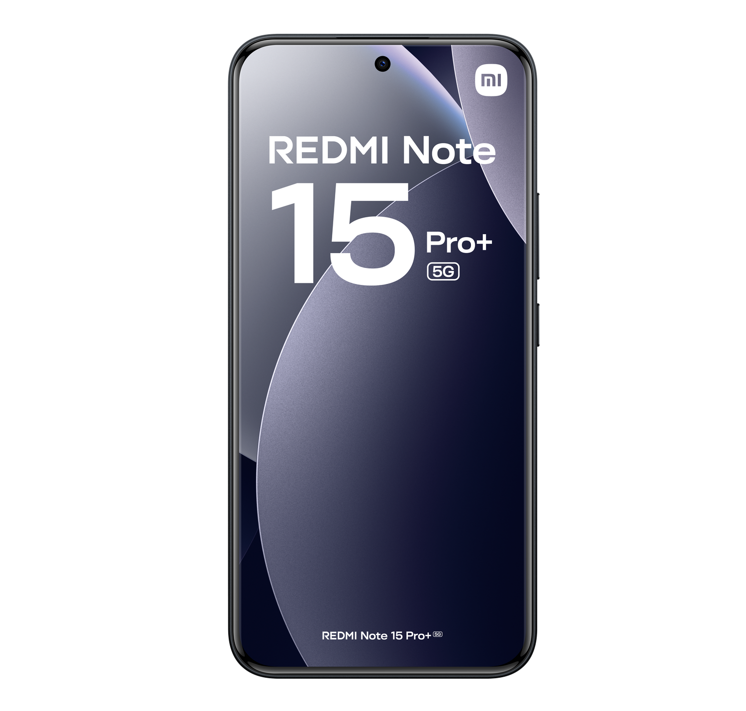 Una pantalla de smartphone muestra 'Redmi Note 15 Pro+ 5G'. El teléfono es negro, sobre un fondo gris. El logo de Xiaomi está arriba.