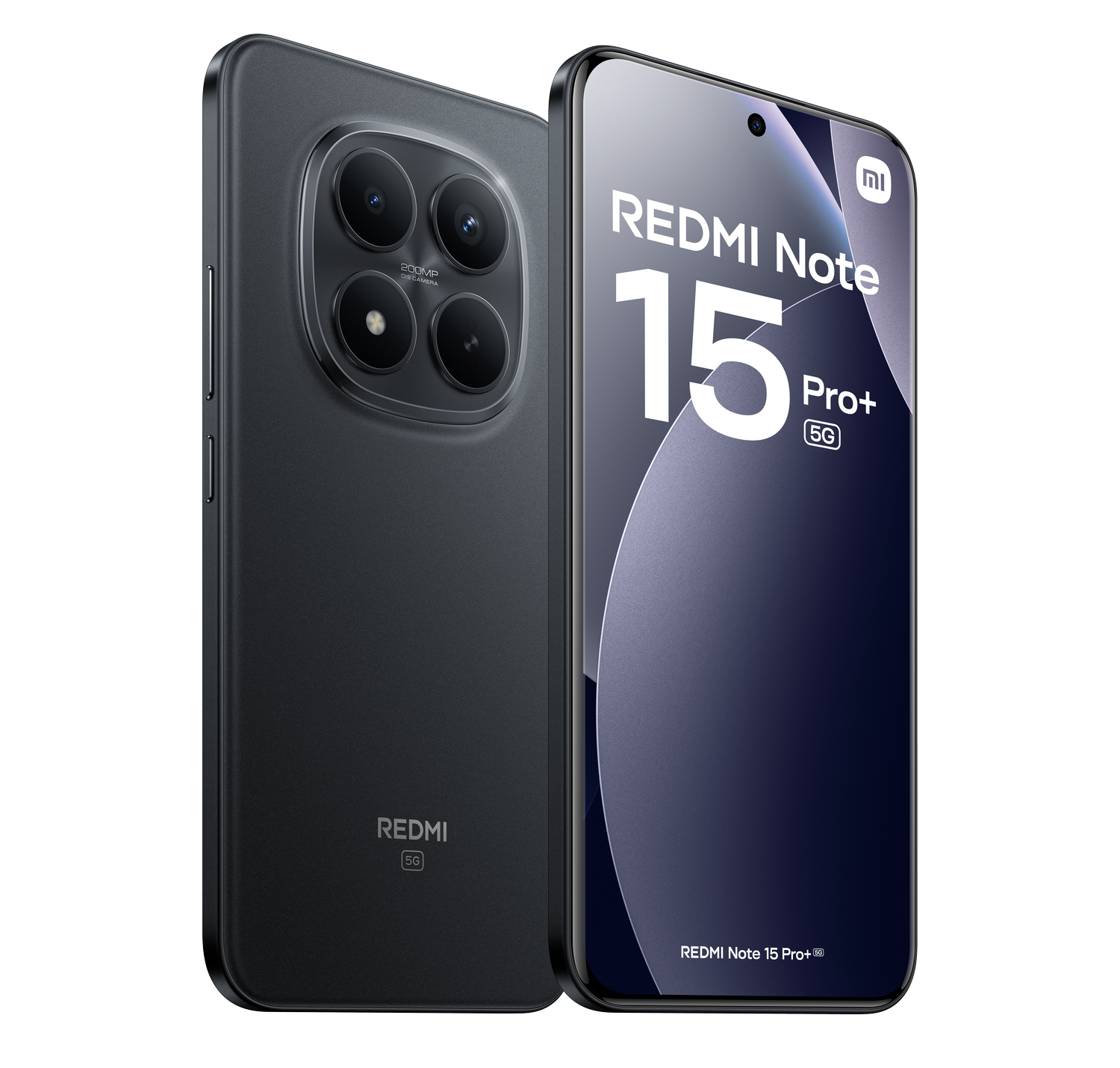 Un smartphone negro Redmi Note 15 Pro+ 5G con múltiples cámaras, pantalla curva y el logotipo de Redmi.