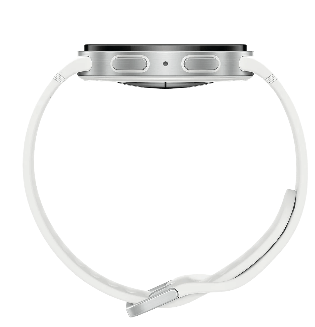 Vista lateral de un reloj inteligente con correa blanca. El reloj es plateado con dos botones y una pantalla negra.