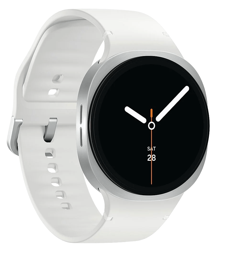 Un reloj inteligente blanco con pantalla negra que muestra la hora. Tiene bisel plateado y correa blanca. La fecha es sábado 28.