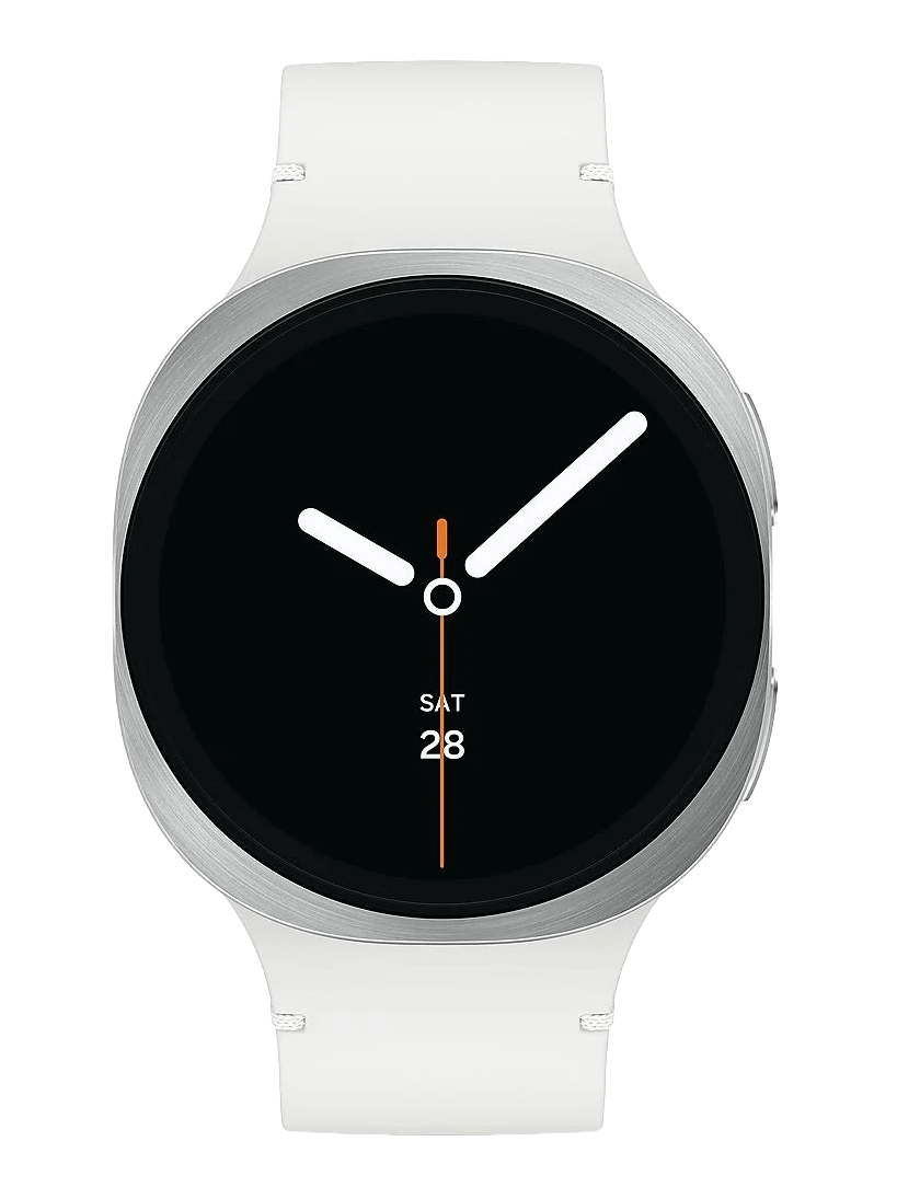 Un reloj inteligente blanco con esfera negra que muestra la hora. El reloj tiene un bisel plateado y una correa blanca. La fecha es sábado 28.