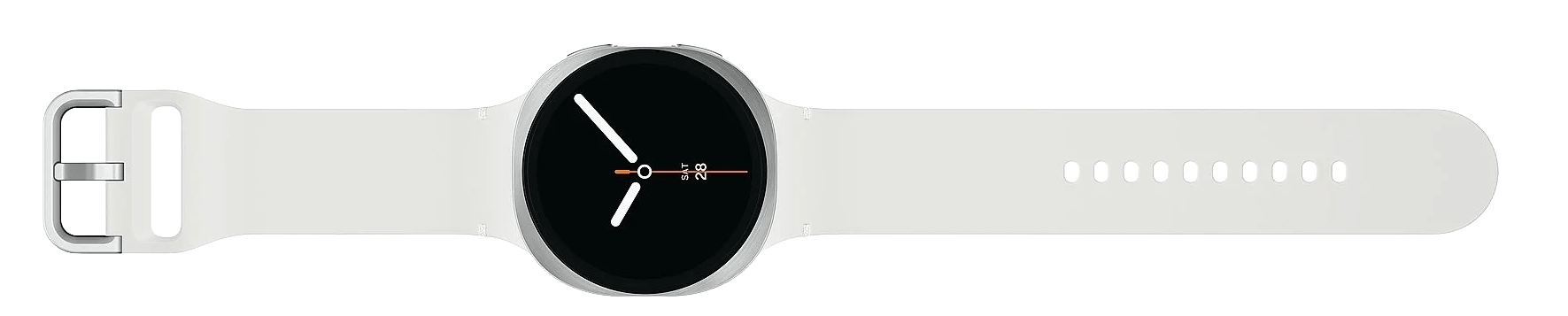 Un reloj inteligente blanco con pantalla circular negra. La correa es blanca y el reloj muestra la hora.