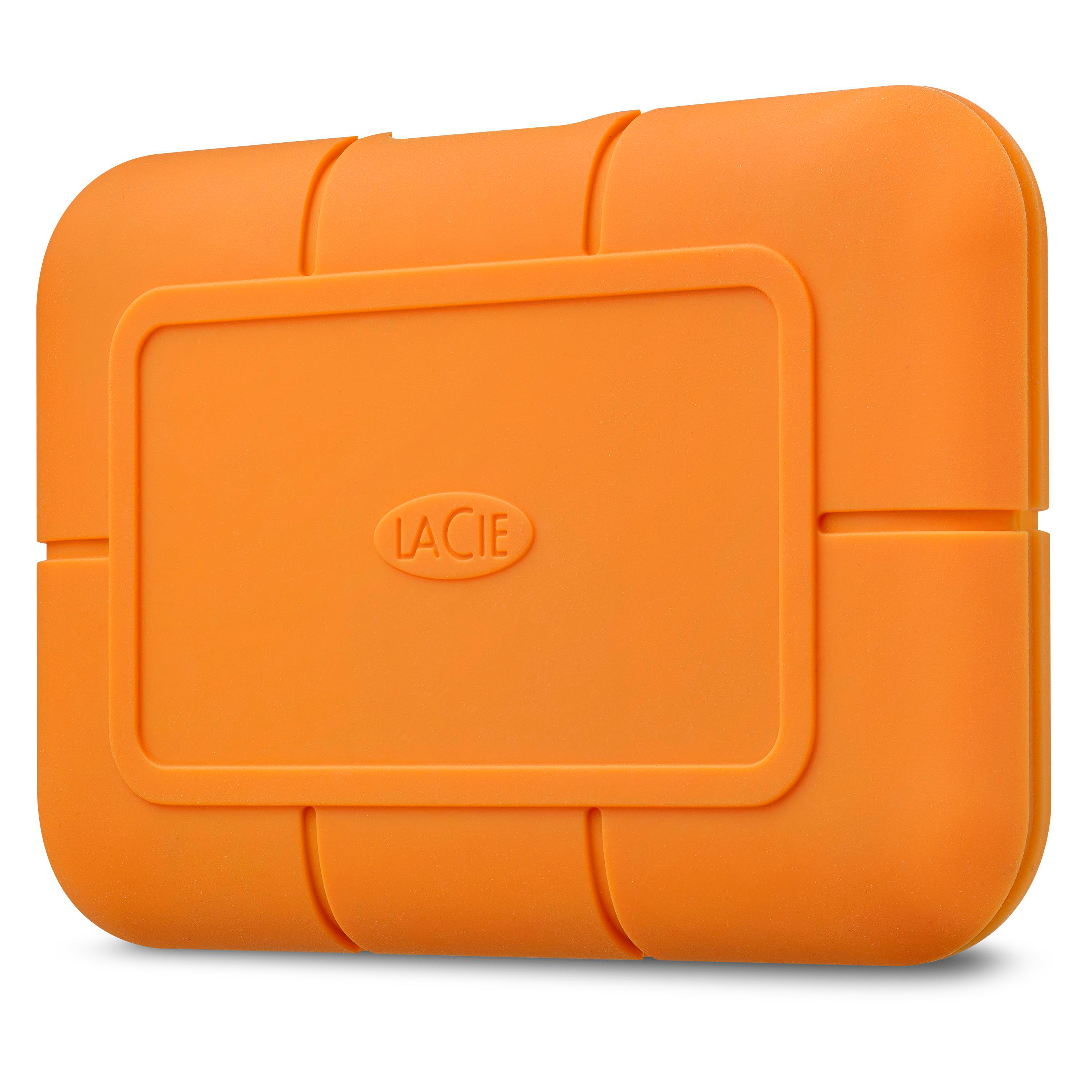 Orange externe Festplatte von LaCie. Rechteckig mit abgerundeten Kanten und LaCie-Logo.