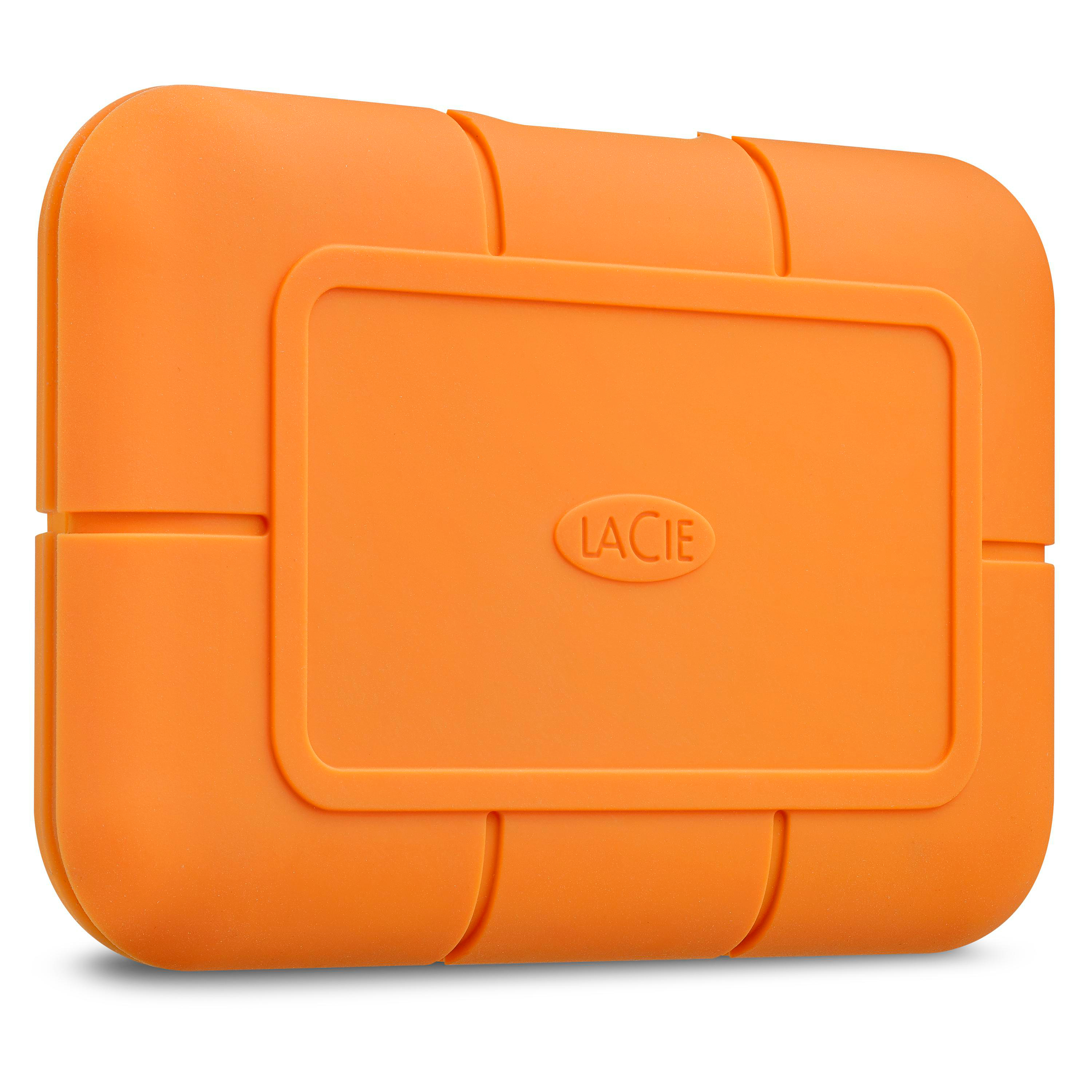 Eine orangefarbene, rechteckige externe Festplatte von LaCie mit dem Markennamen. Weißer Hintergrund.