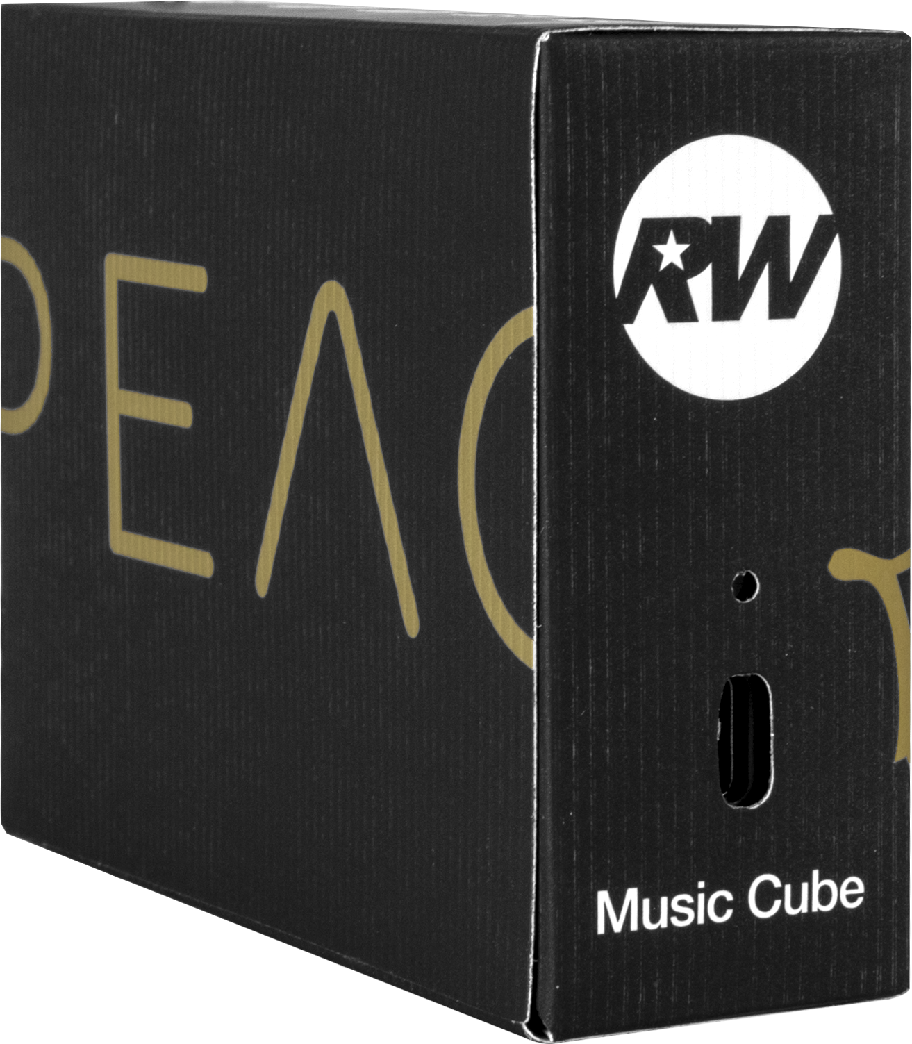 Fekete Music Cube doboz arany felirattal: RW logó, "PEACE" és "Music Cube".