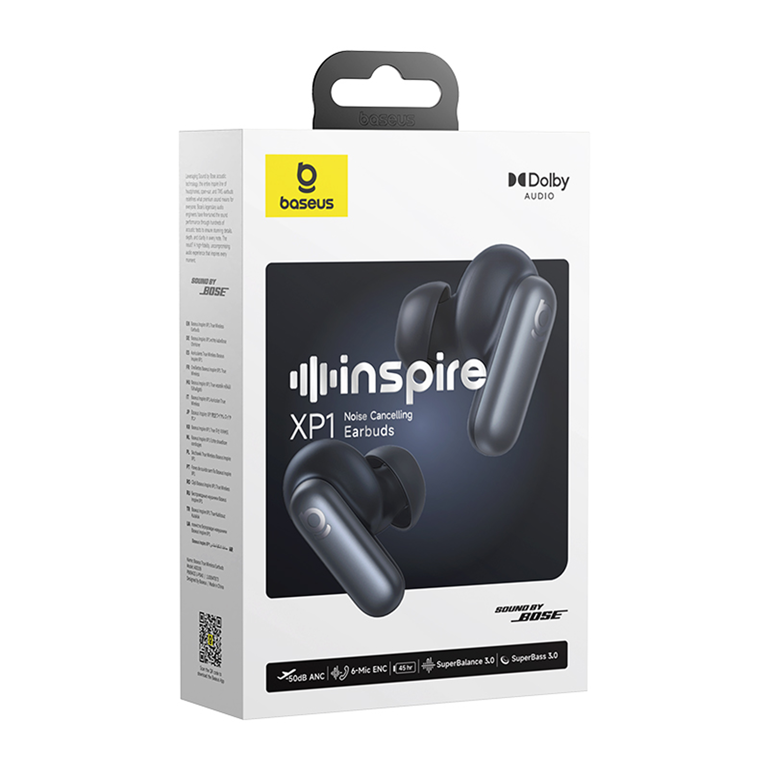 Caja de auriculares Baseus XP1. Auriculares grises en exhibición. La caja muestra detalles como Dolby Audio, cancelación de ruido y sonido de Bose.