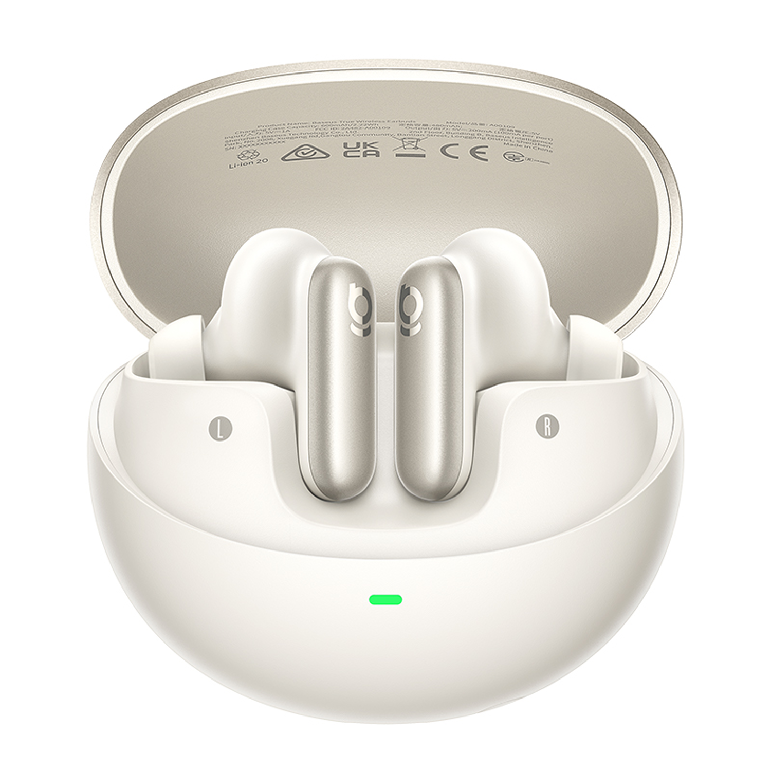 Estuche de carga abierto con auriculares blancos dentro. Estuche blanco y dorado. Auriculares plateados y blancos.