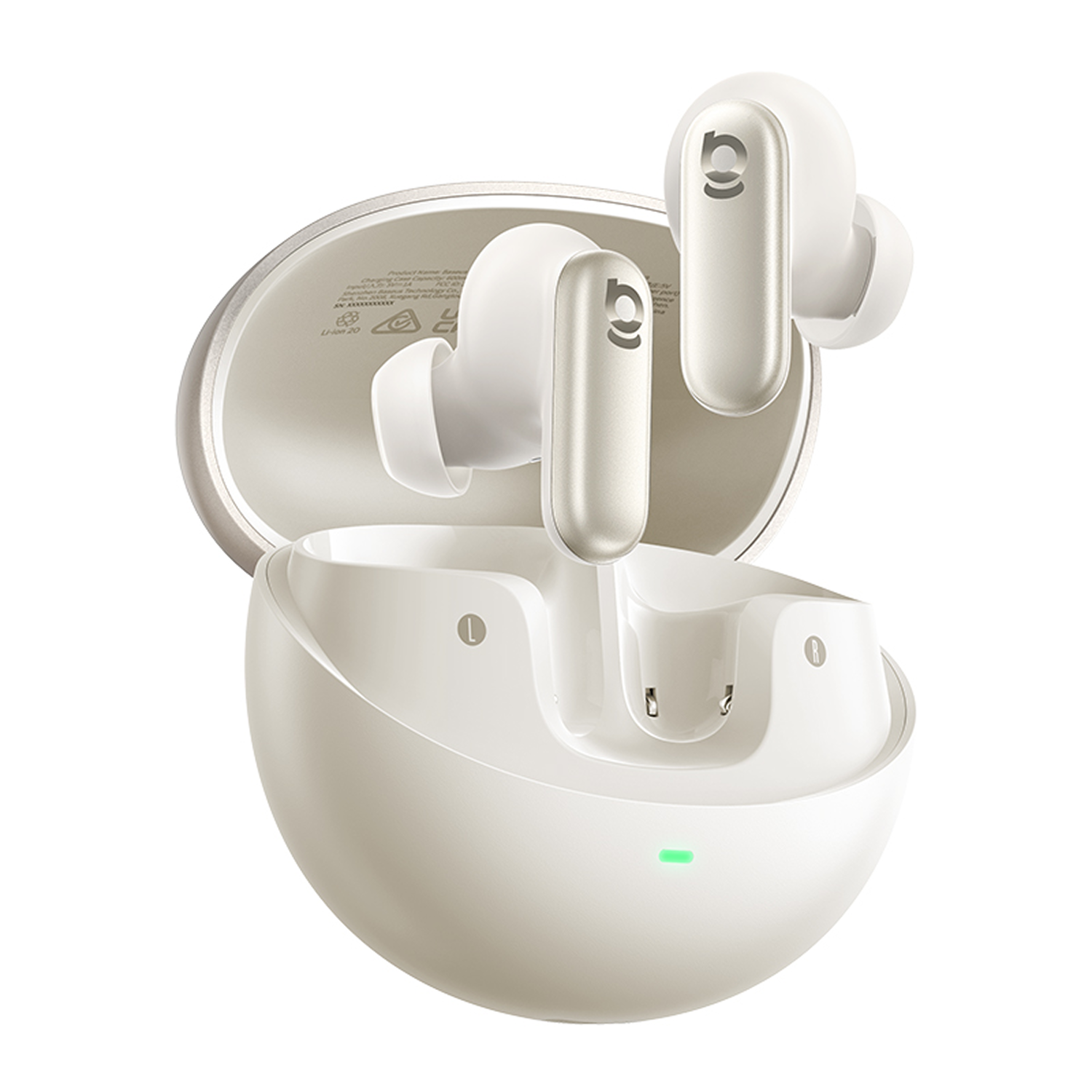 Auriculares inalámbricos blancos en un estuche de carga. El estuche está abierto, mostrando los auriculares y una luz de carga verde.