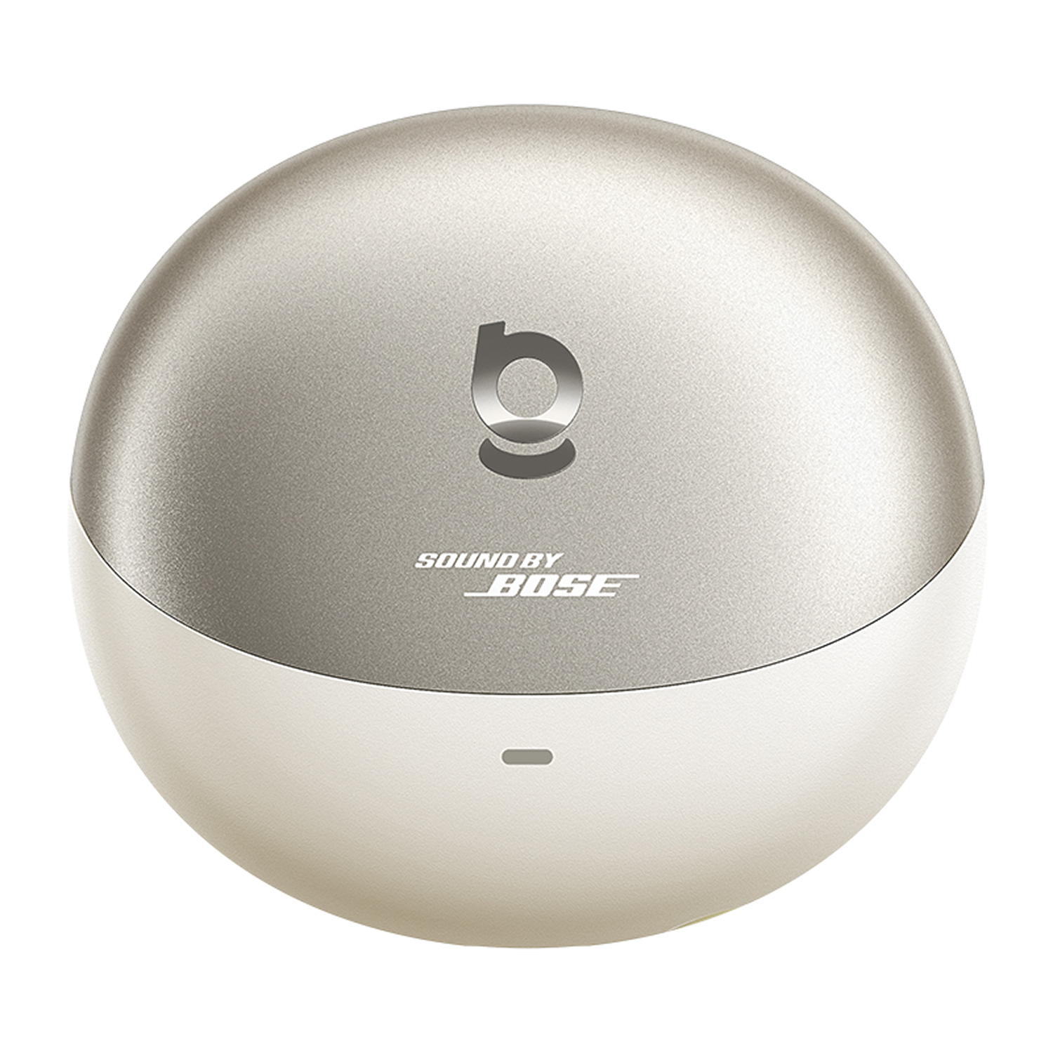 Un dispositivo de sonido Bose plateado y blanco. La parte superior es plateada con un logotipo y la inferior es blanca. Dice 'Sound by Bose'.