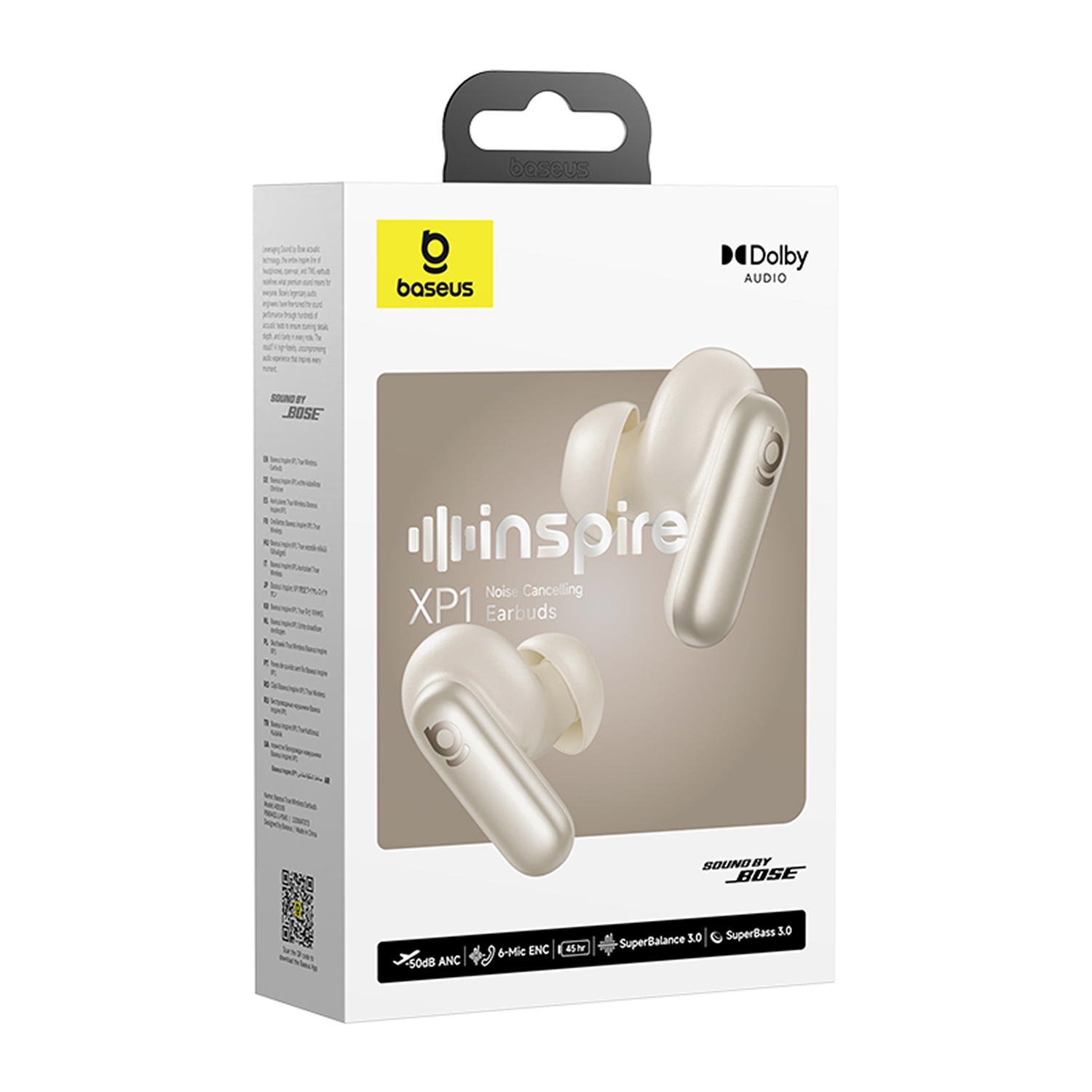 Caja de auriculares Baseus XP1. La caja muestra el producto, la marca y características como la cancelación de ruido y Dolby Audio.