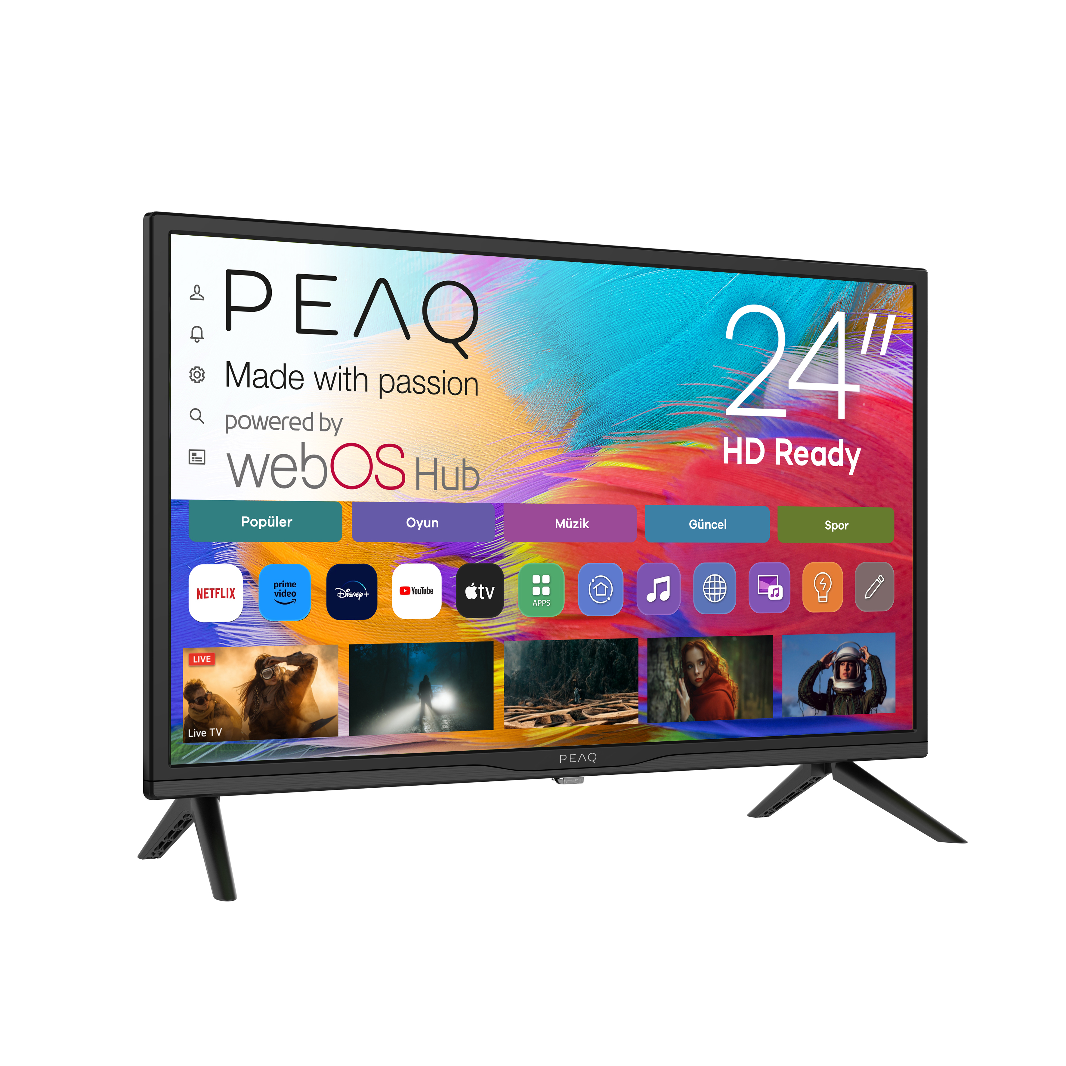 Siyah bir PEAQ 24" HD Ready TV, renkli bir arayüz görüntüler. Ekran, uygulamalara ve program seçeneklerine sahiptir.