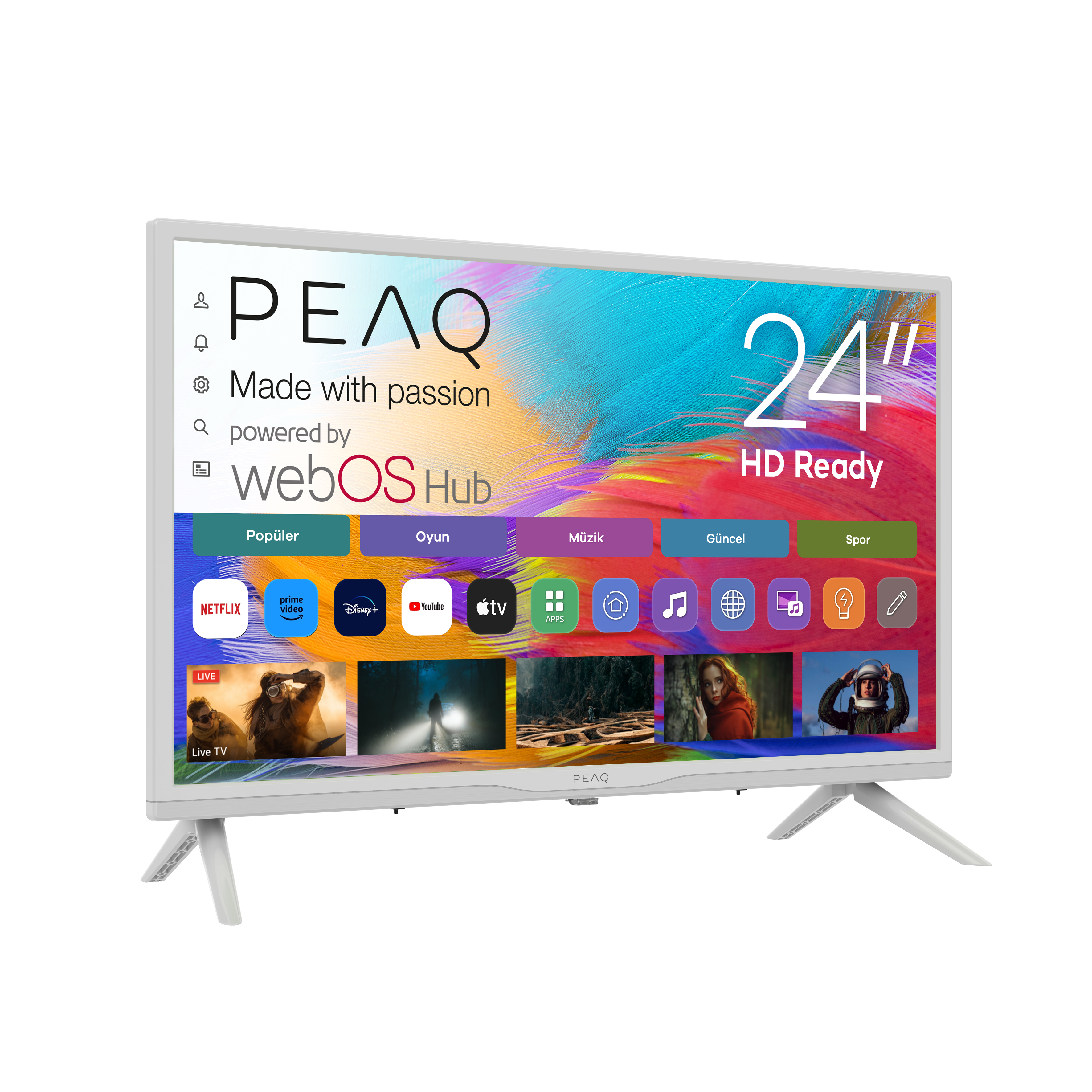 Beyaz PEAQ 24" HD Ready TV, beyaz ayaklar üzerinde uygulama simgeleri ve renkli bir arka plan gösteriyor.