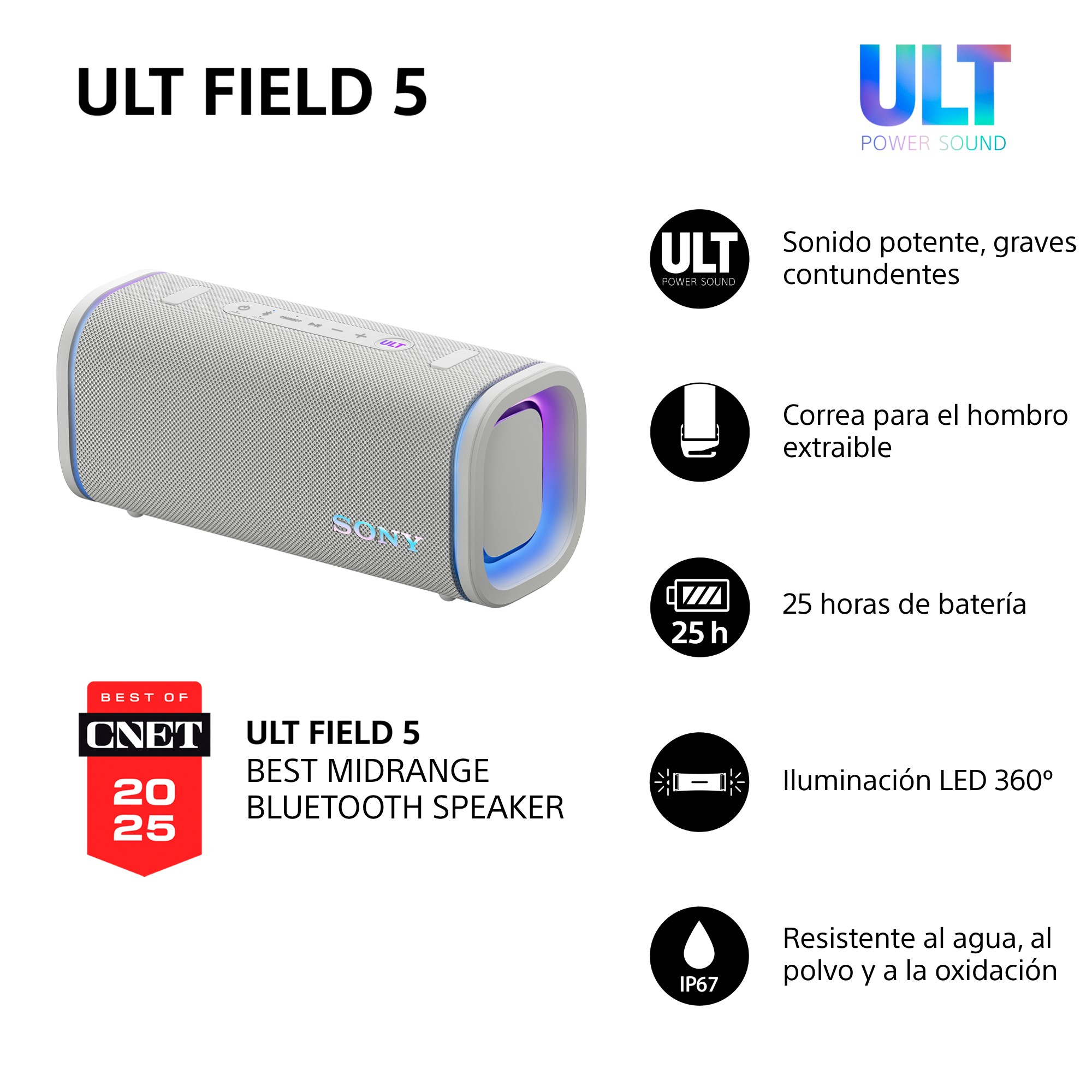 La imagen muestra un altavoz blanco con el texto 'ULT FIELD 5' y varias características como batería y resistencia al agua.