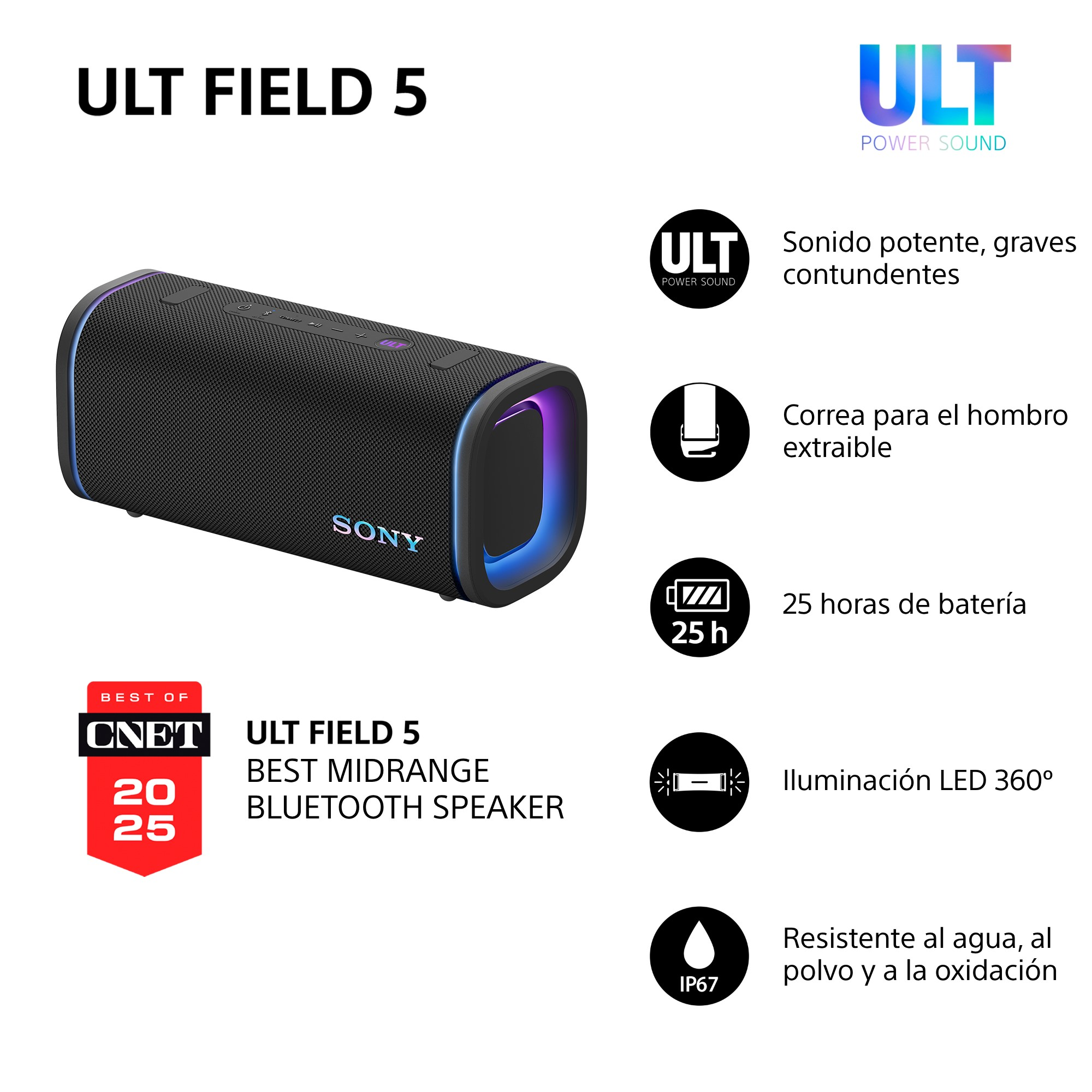 Altavoz negro Sony ULT Field 5. Cuenta con iluminación LED 360°, batería de 25 horas y resistencia al agua/polvo.