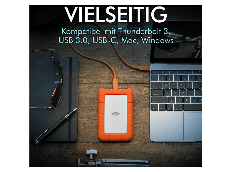 Thumbnail - LACIE Rugged USB-C Festplatte, 2 TB HDD, 2,5 Zoll, extern, Silber/Orange