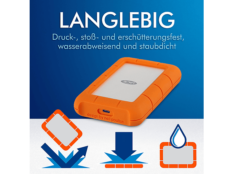 Thumbnail - LACIE Rugged USB-C Festplatte, 5 TB HDD, 2,5 Zoll, extern, Silber/Orange