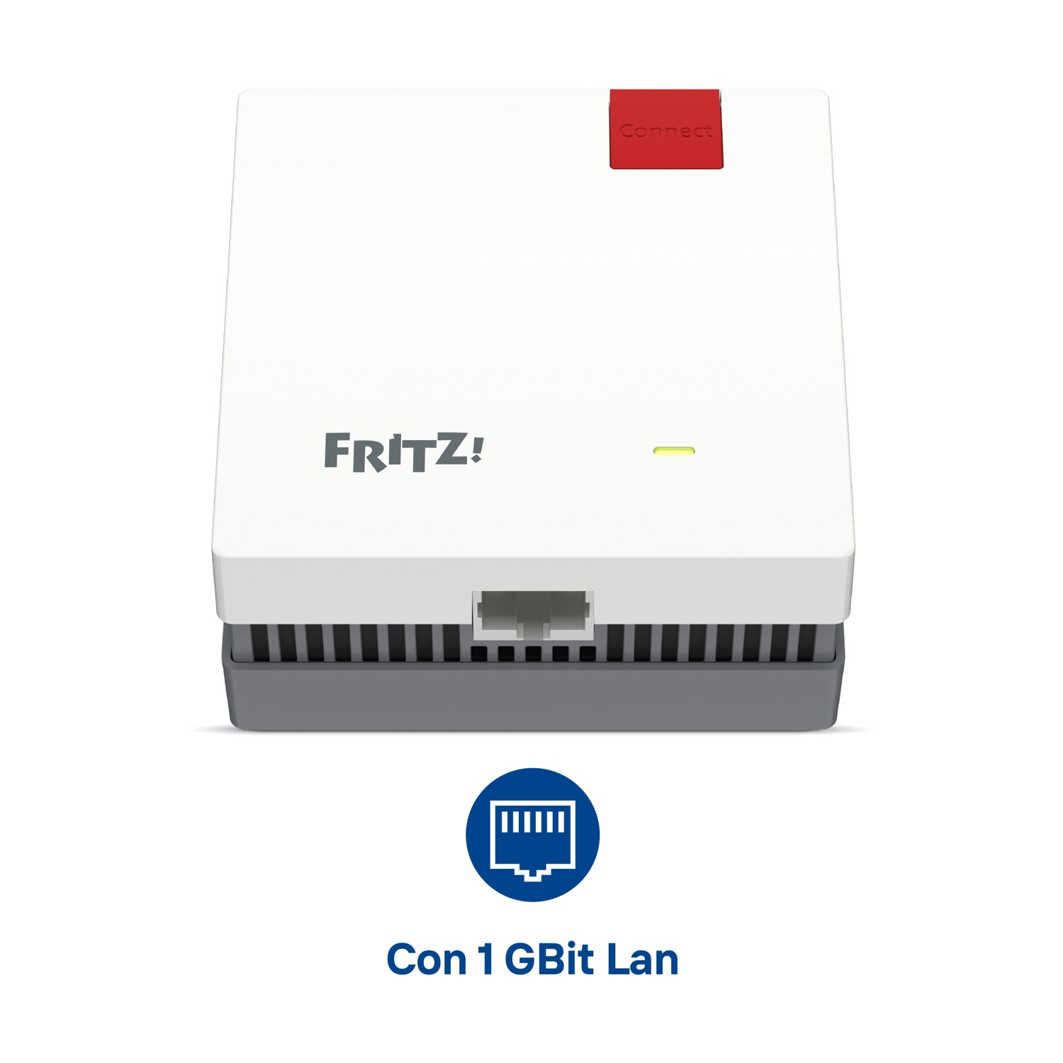 Dispositivo di rete bianco e grigio con logo "FRITZ!", pulsante "Connect" e testo "Con 1 GBit Lan" con un'icona.