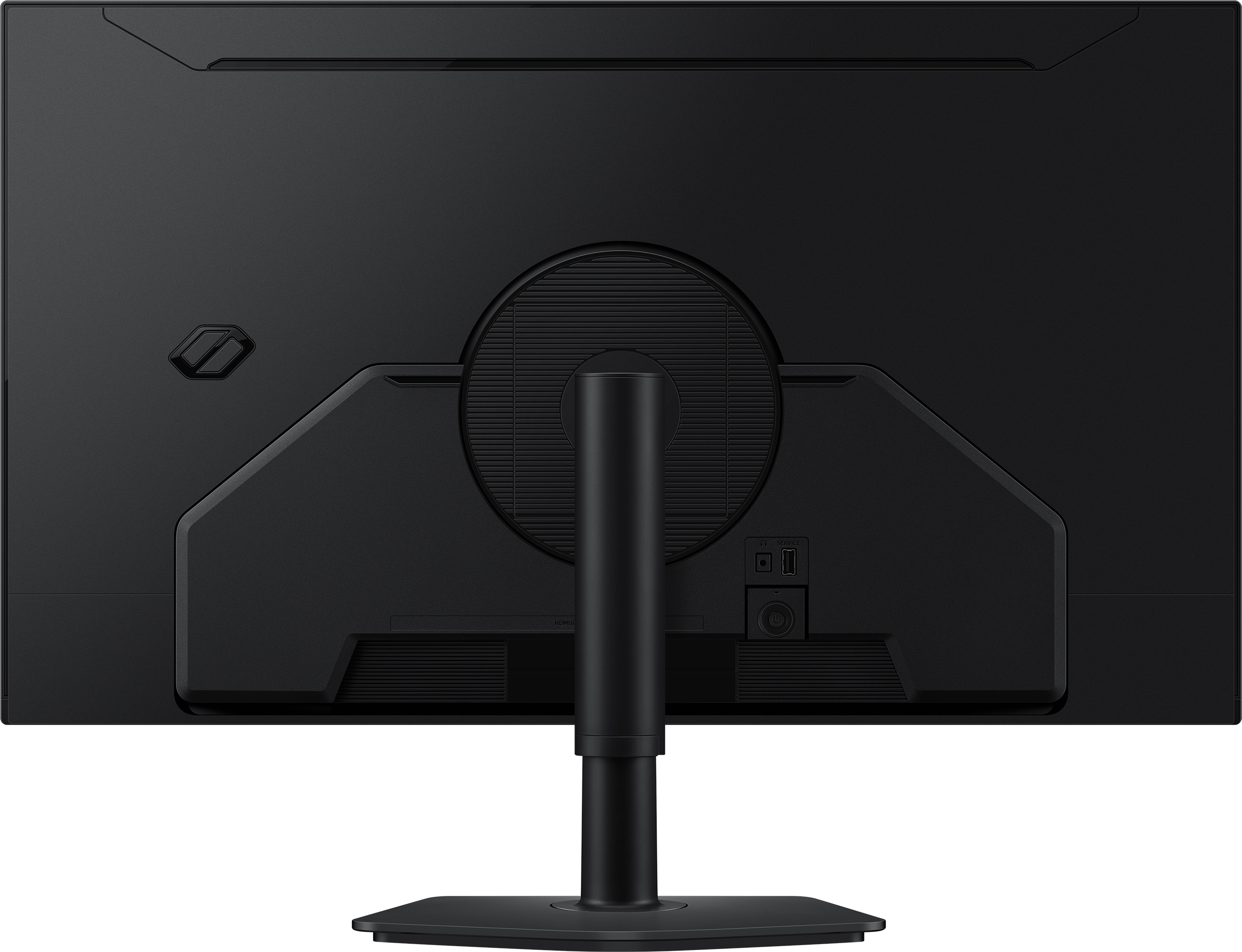 L'arrière d'un moniteur noir est montré. Il a un centre circulaire et un support. Des ports sont visibles.