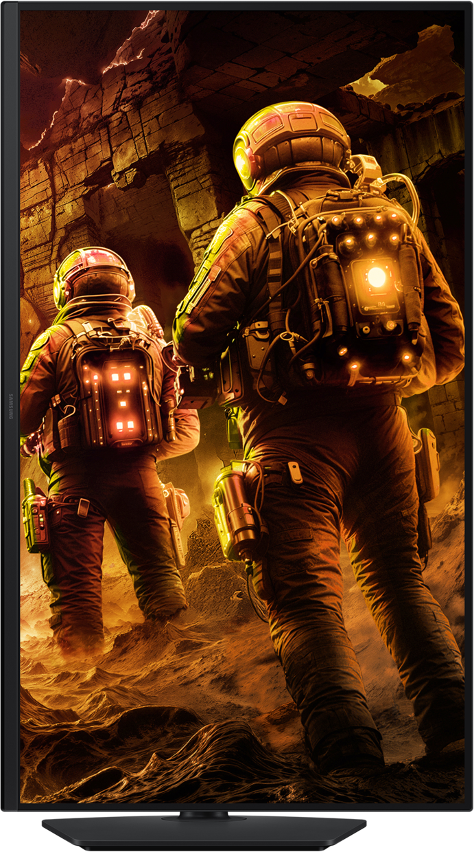 Deux astronautes avec des sacs à dos lumineux explorent une caverne rocheuse et faiblement éclairée. La scène a une palette de couleurs orange et marron.