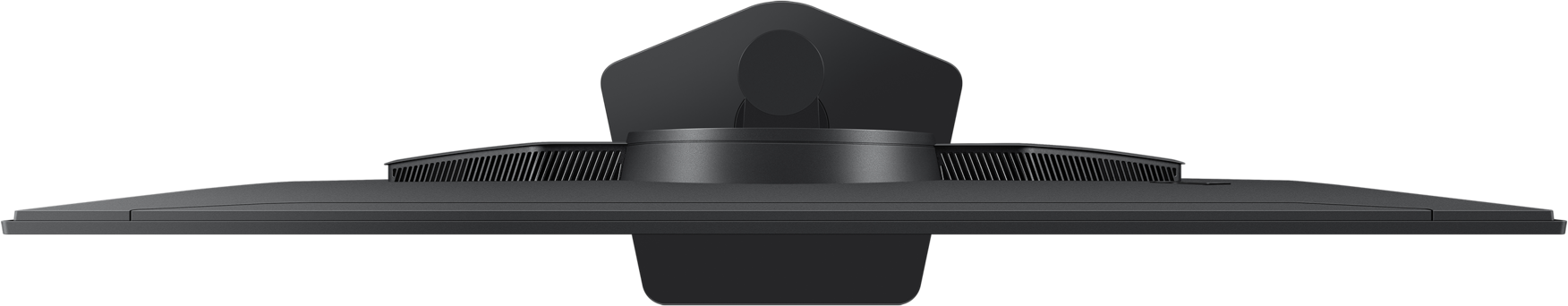 Vue de dessus d'un moniteur noir. Il possède un pied et des ouvertures. Le fond est noir.
