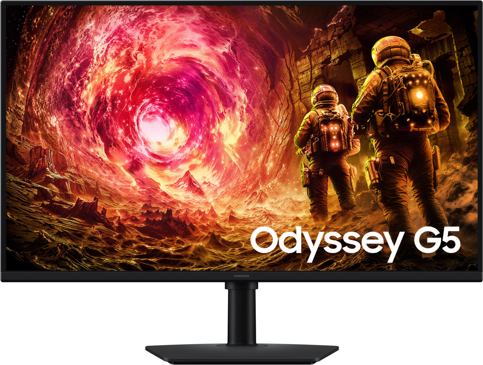Deux astronautes devant un vortex de feu. L'écran affiche le logo Odyssey G5.
