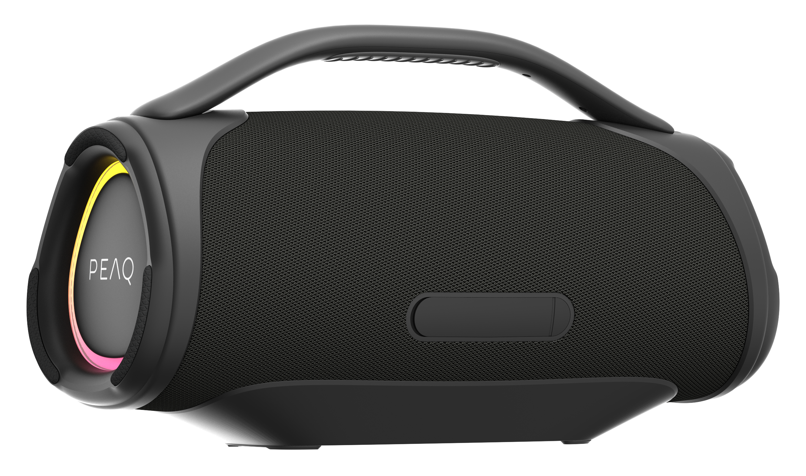 Czarny głośnik przenośny z uchwytem. Ma siatkowy przód, bok z napisem 'PEAQ' i pierścień świetlny.