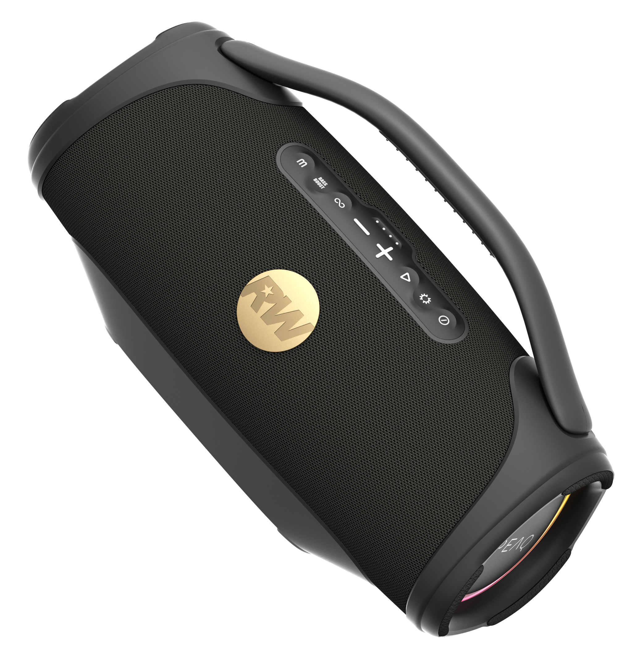 Czarny głośnik z uchwytem, złotym logo i przyciskami sterowania na czarnym tle.