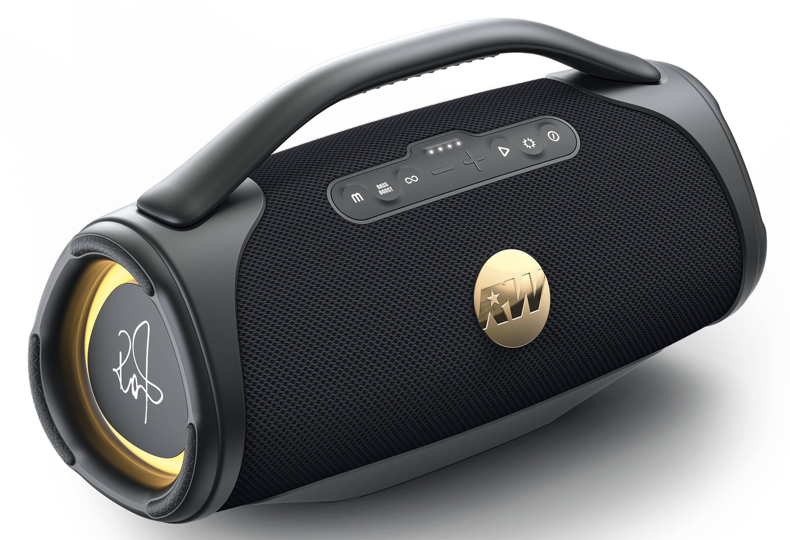 Czarny głośnik z uchwytem. Złote akcenty i logo. Przyciski na górze. Siateczkowa tkanina pokrywa obudowę.