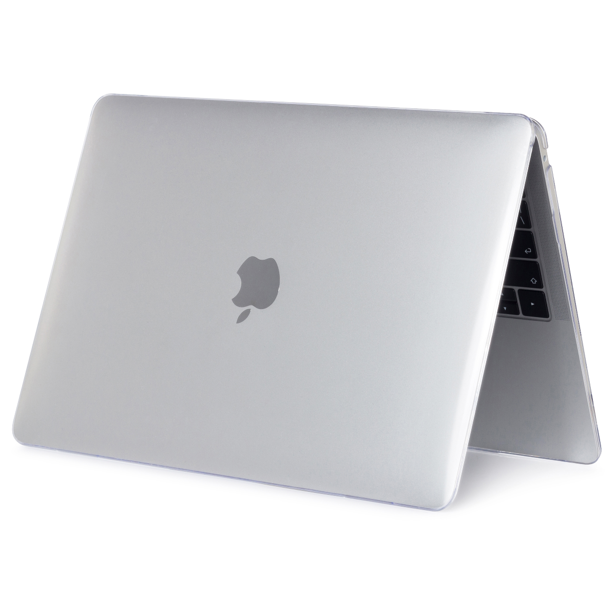 Apple logosu olan gümüş renkli bir dizüstü bilgisayar, klavyeyi göstererek hafifçe açık. Beyaz bir yüzey üzerinde duruyor.