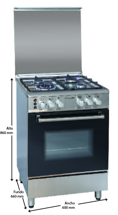 Una estufa de acero inoxidable con cuatro quemadores, horno y panel trasero elevado. Dimensiones: 860 mm alto, 660 mm profundo y 600 mm ancho.