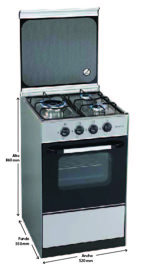 Una cocina de gas de acero inoxidable con cuatro quemadores, horno y acabado negro y plateado. Se muestran las dimensiones.