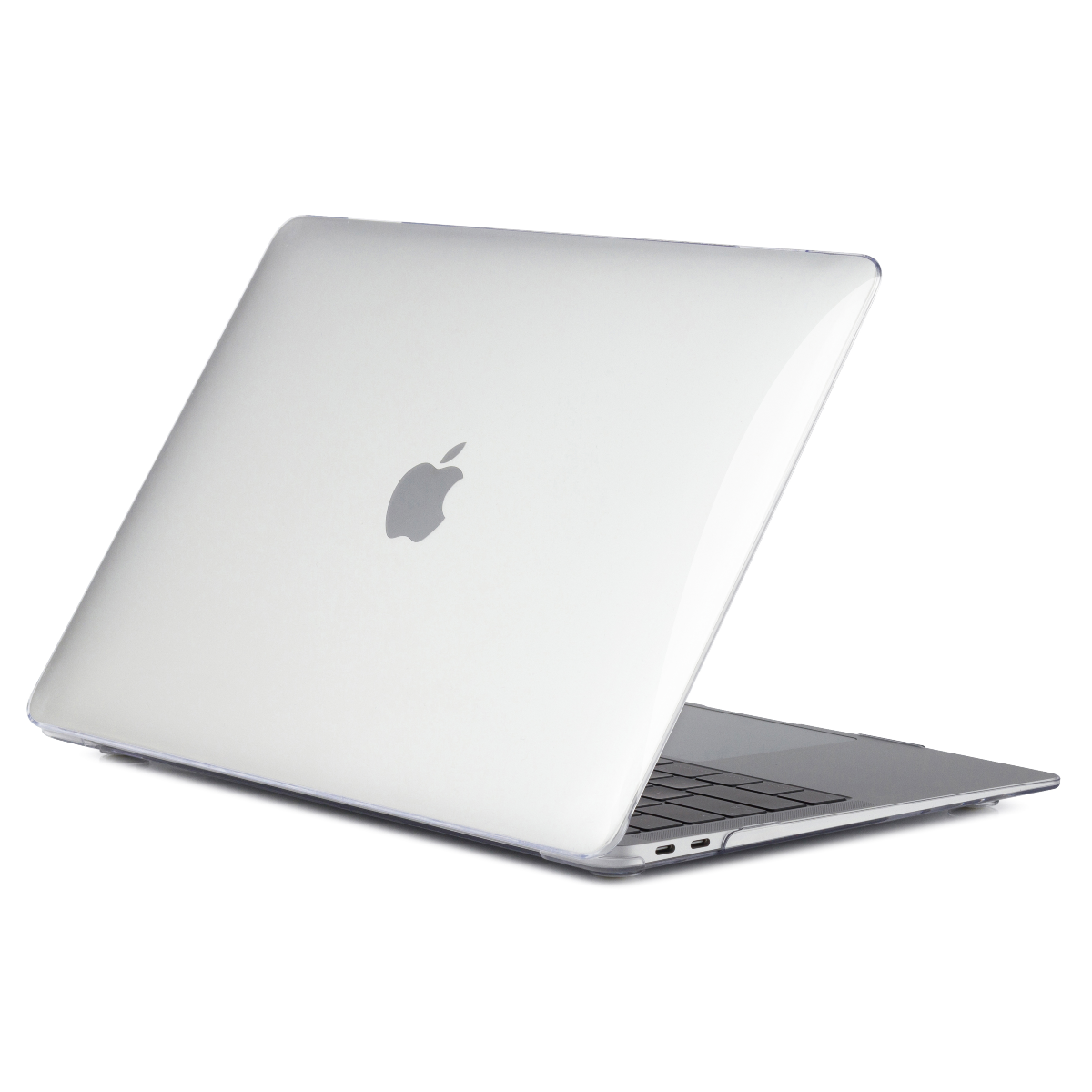Gümüş MacBook dizüstü bilgisayar, kısmen açık. Apple logosu görünür durumda. Dizüstü bilgisayarın üzerinde şeffaf bir koruyucu kılıf var.