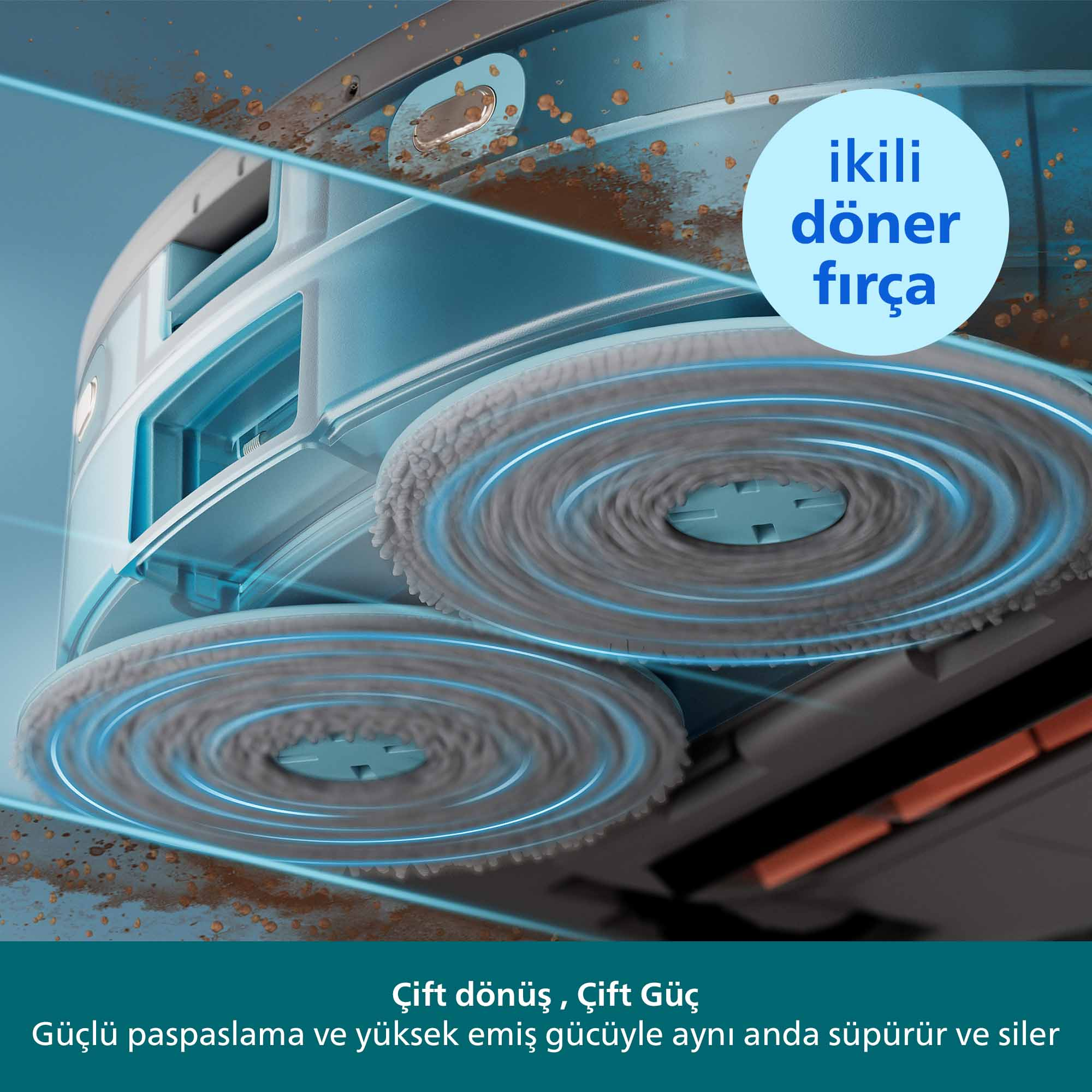İki döner fırçalı bir robot süpürge, bir yüzeyi temizlerken gösteriliyor. Metin: çift döner fırça.