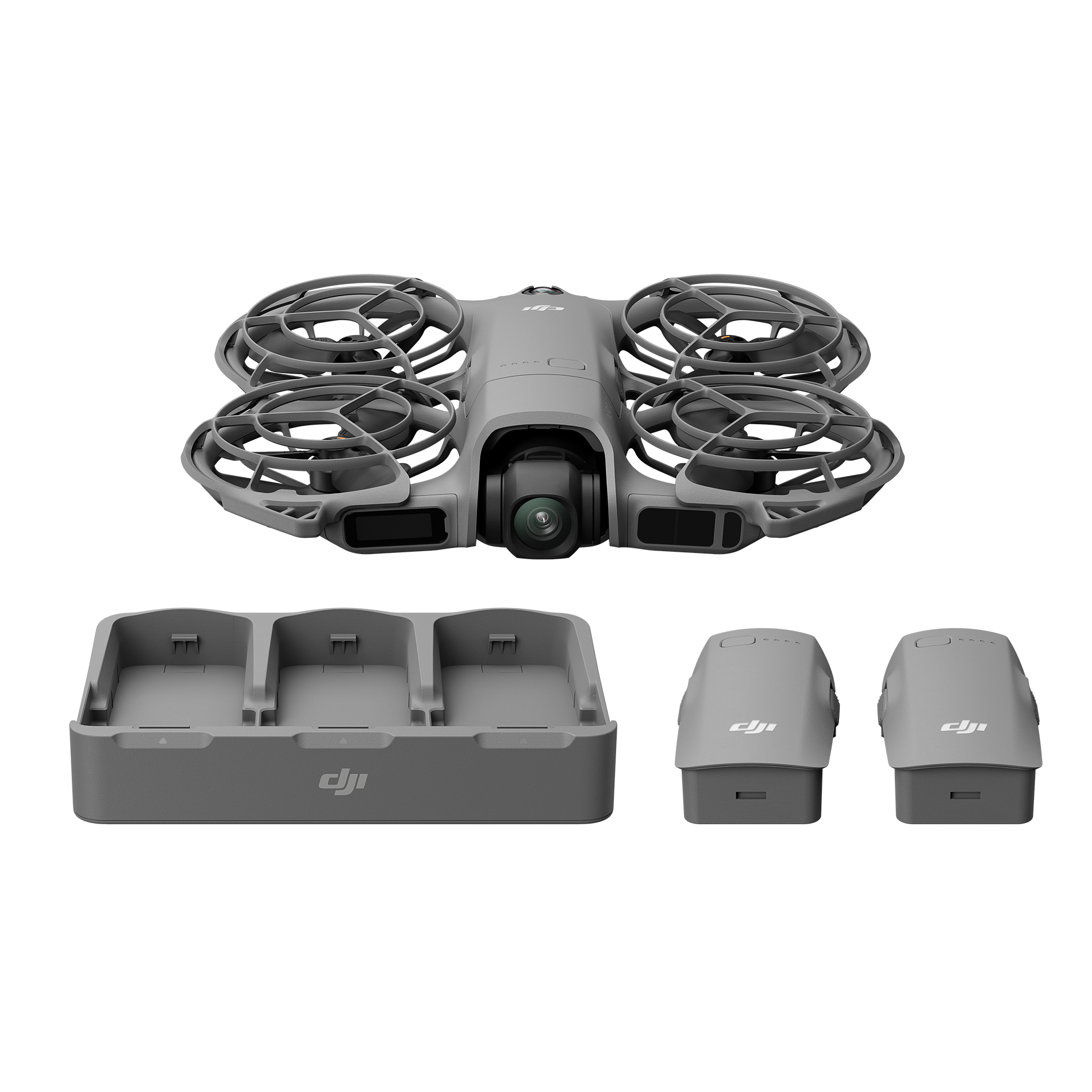 Koruyucu kafesleri olan gri bir drone, bir şarj istasyonu ve iki pil, gri bir arka plan üzerinde.