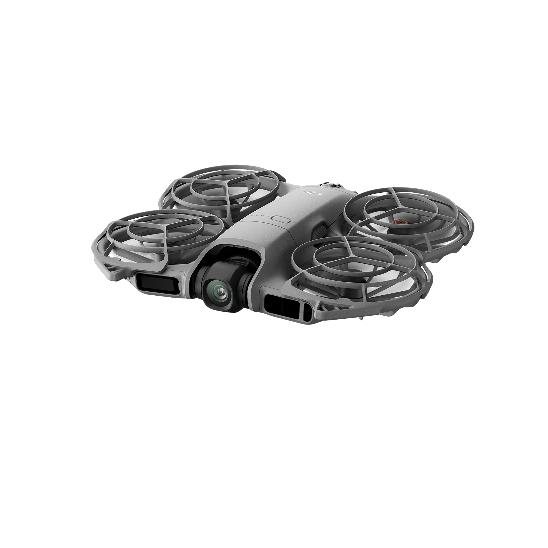 Dört pervaneli, koruyucularla çevrili gri bir drone, çizgili gri bir zemin üzerinde.
