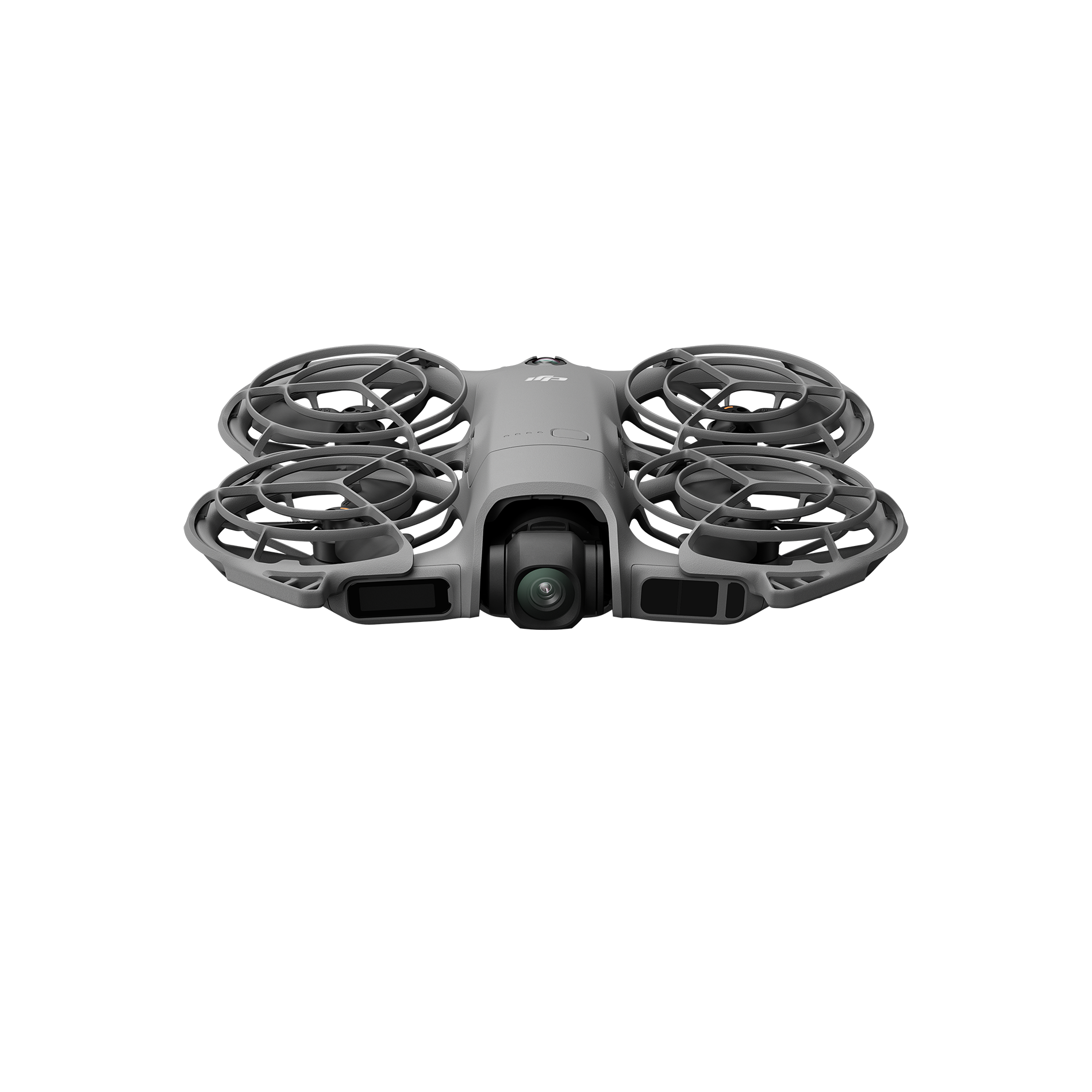 Dört pervaneli gri bir drone ortalanmış, kamera öne bakıyor. Pervane koruyucuları rotorları çevreliyor.