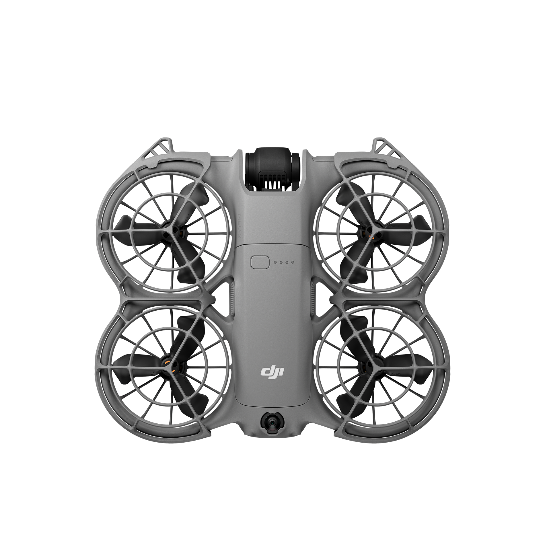 Dört pervaneli, siyah kanatlı ve DJI logolu merkezi gövdeye sahip gri bir dronun yukarıdan görünümü.