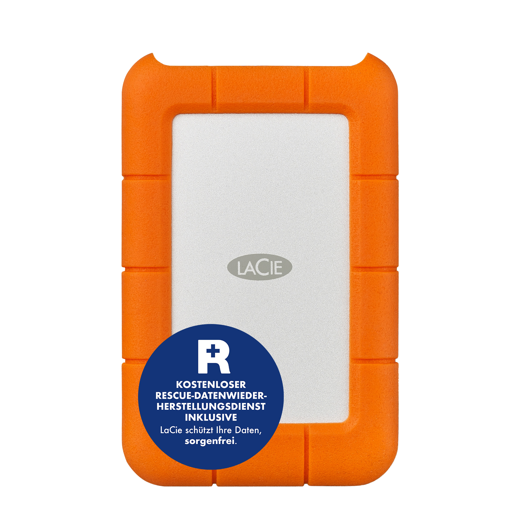 Eine orangefarbene externe Festplatte von LaCie. Sie hat eine weiße Mitte und einen blauen Aufkleber mit Text und einem Pluszeichen.